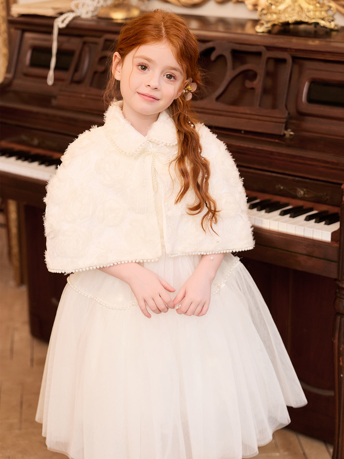 Ivory Rose Pearl Cape Dress Set with a matching pearl-trimmed cape and layered tulle skirt