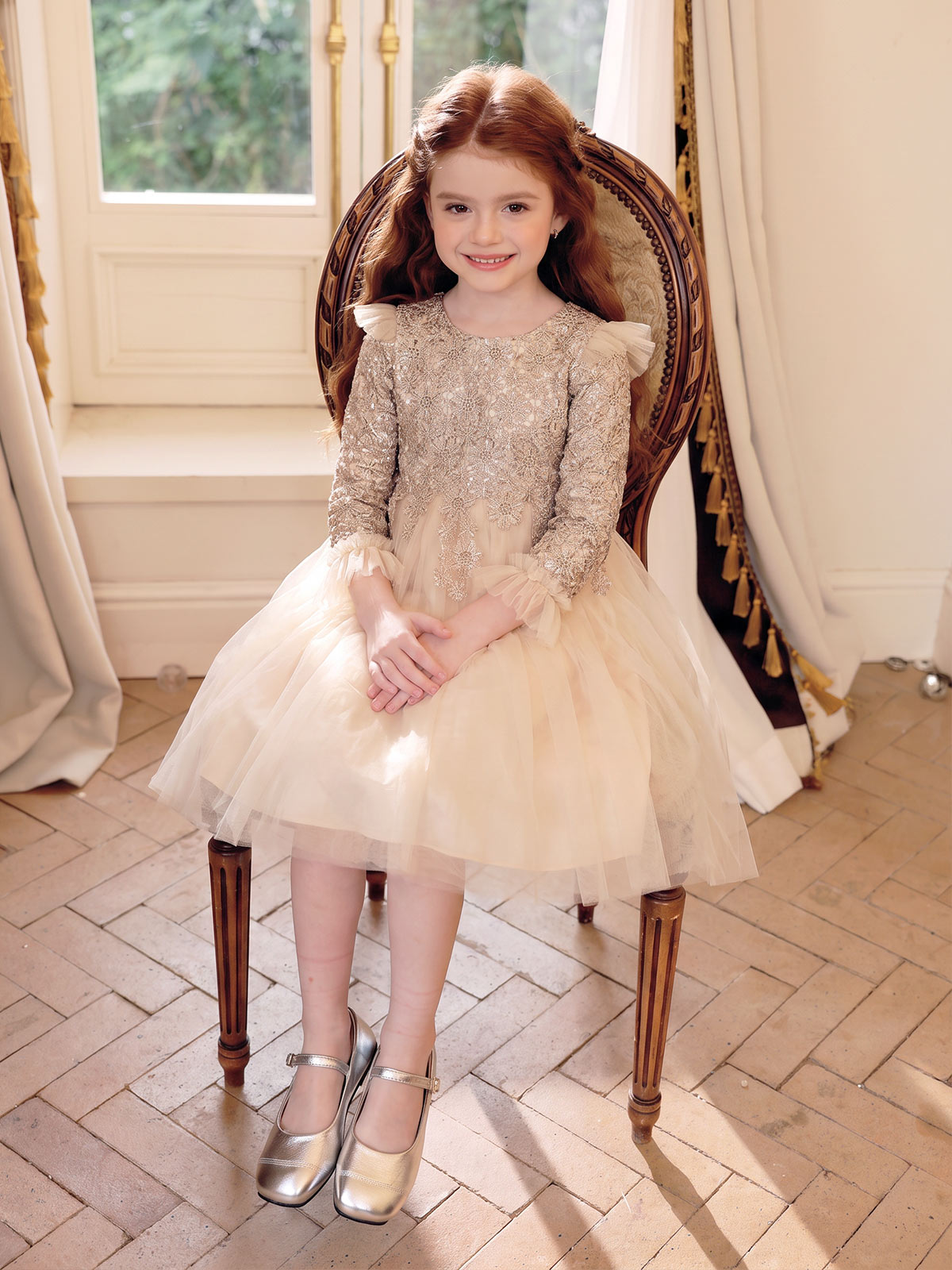 Girl wearing the Champagne Lace Tulle Dress