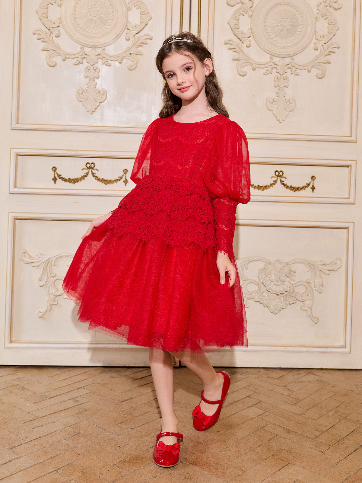 Girl wearing the Scarlet Lace Ruffle Tulle Dress