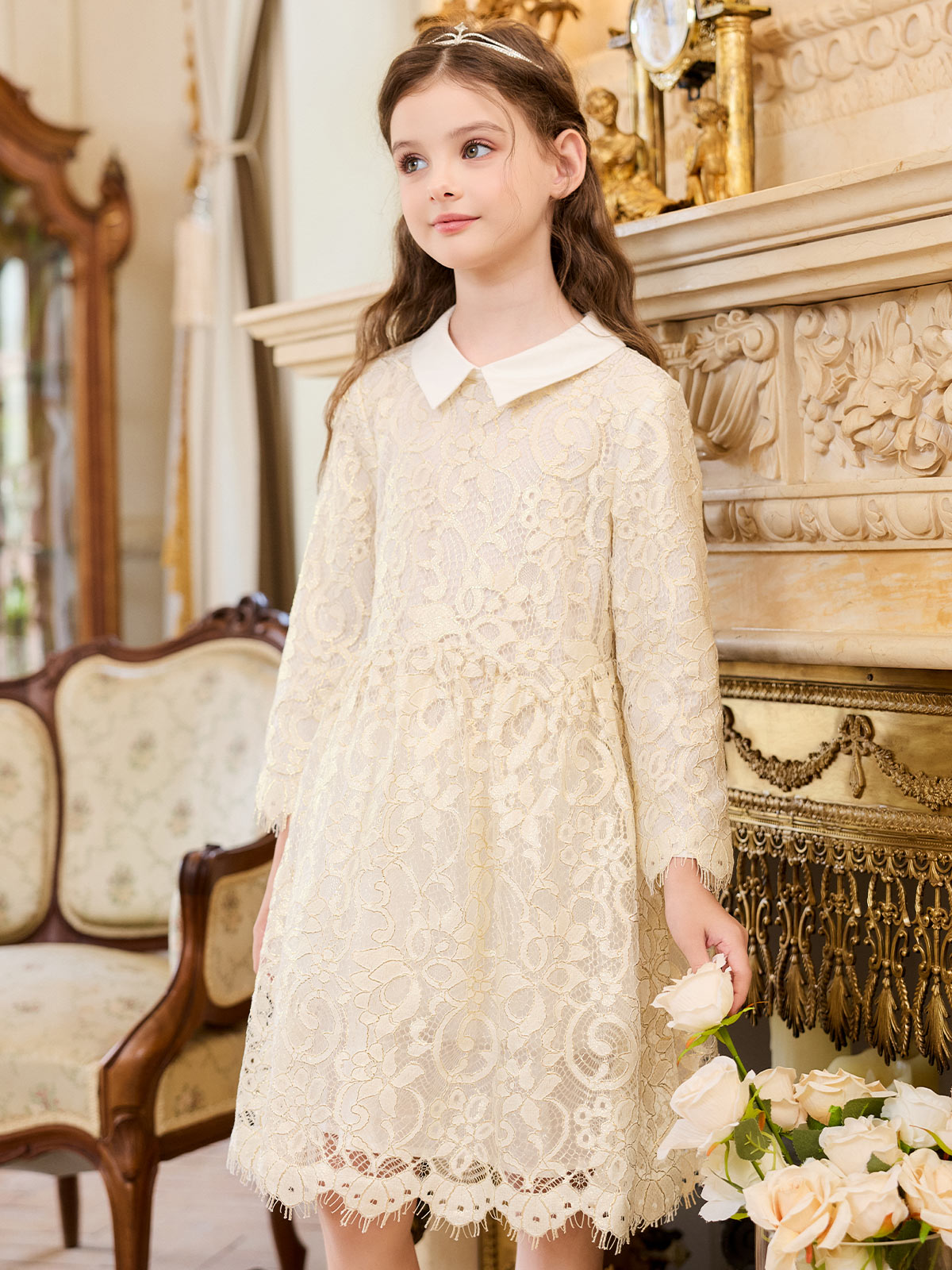 Girl wearing the Ivory Gilt Lace Collar Dress