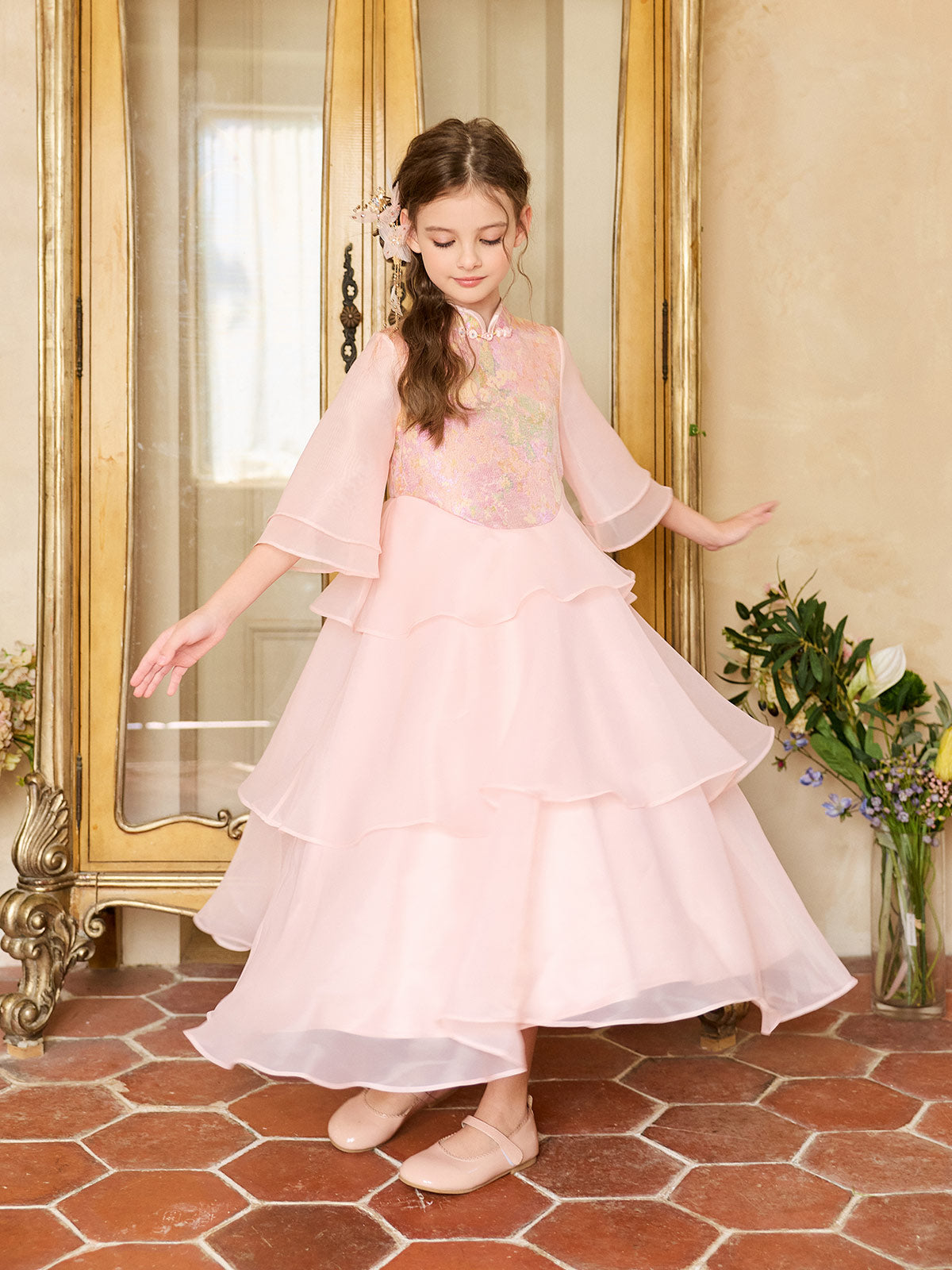 Girl wearing the Blush Blossom Tiered Organza Dress
