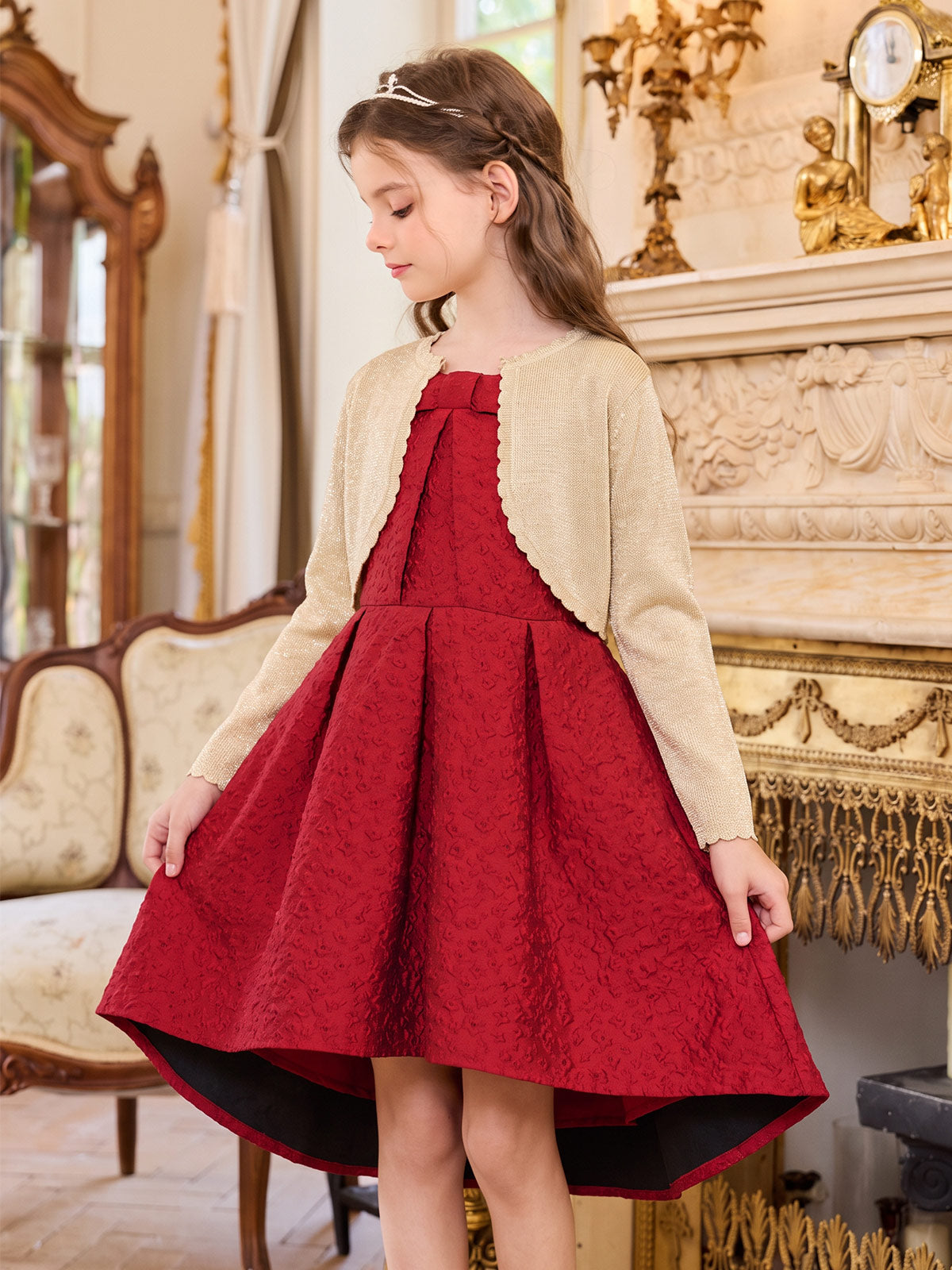 Girl wearing the Scarlet Jacquard Bow High-Low Dress with a cardigan