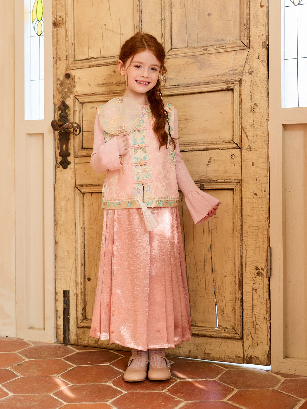 Full-length front view of the Blush Bamboo Embroidered Three-Piece Set
