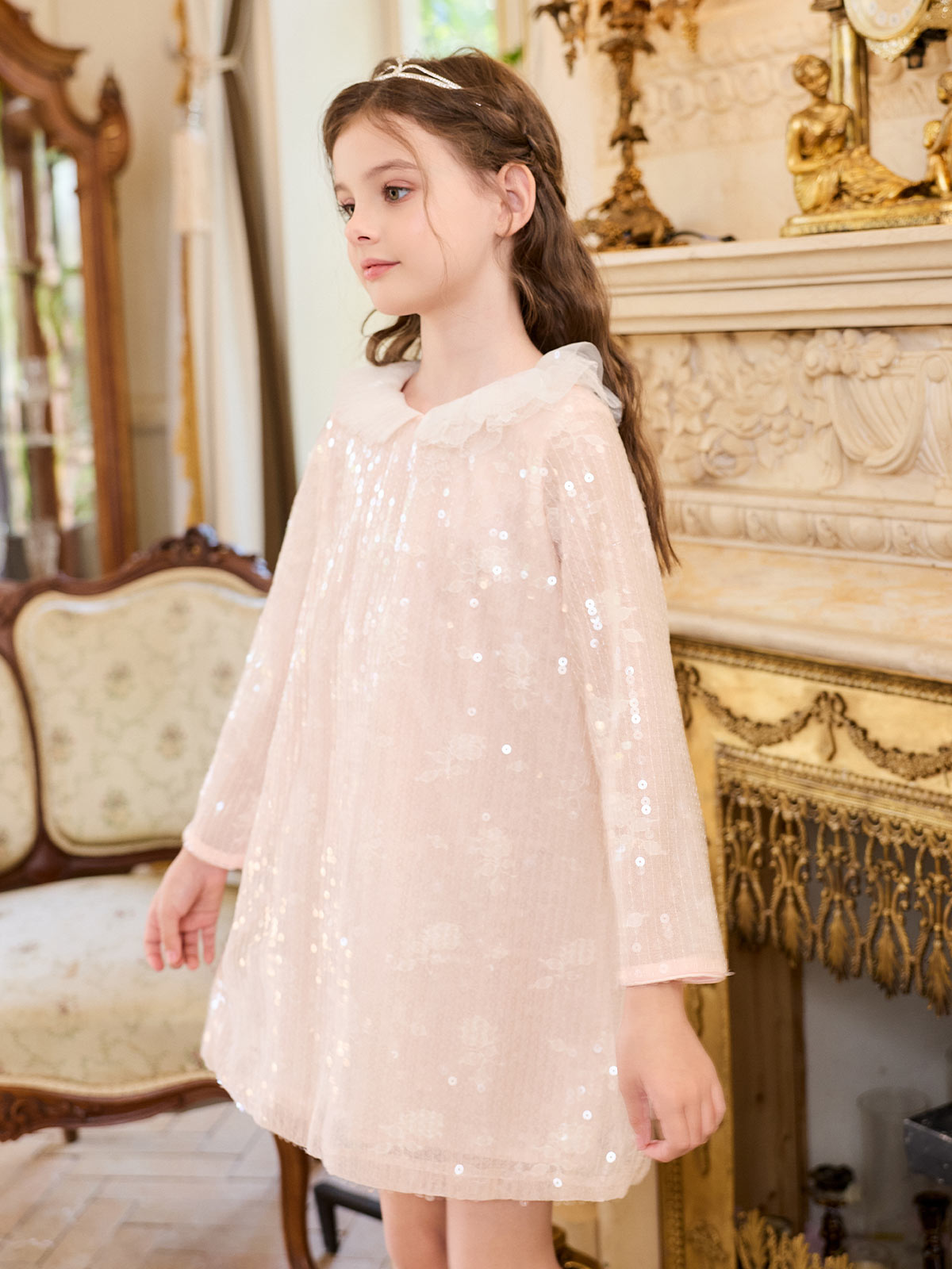 Full-length model view of the Blush Lace Glow Shift Dress