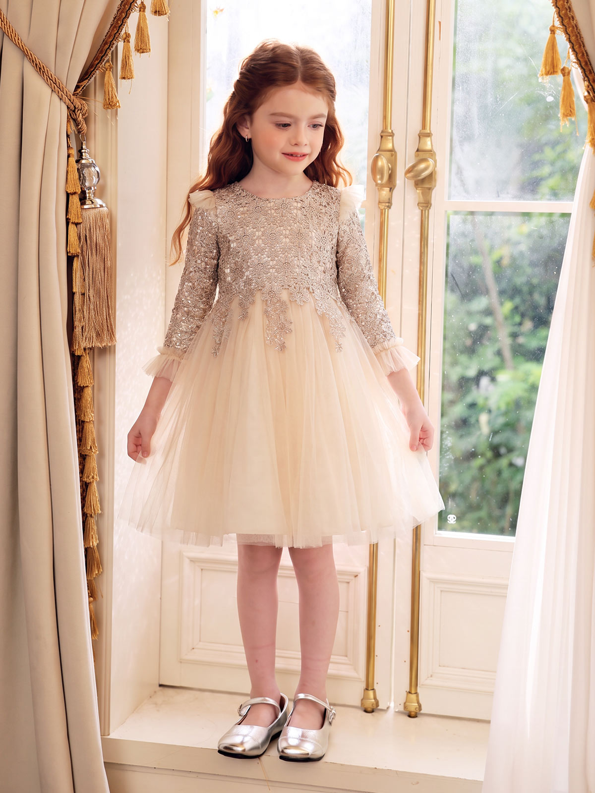 Seated model view of the Champagne Lace Tulle Dress