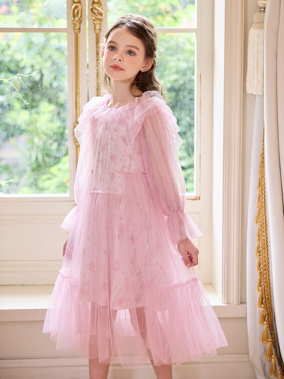 Seated model view of the Blush Garden Tulle Dress