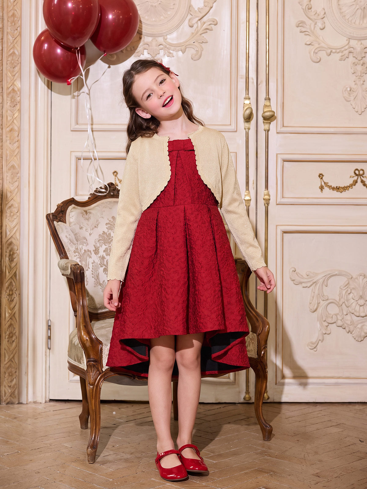 Full-length styling view of the Scarlet Jacquard Bow High-Low Dress
