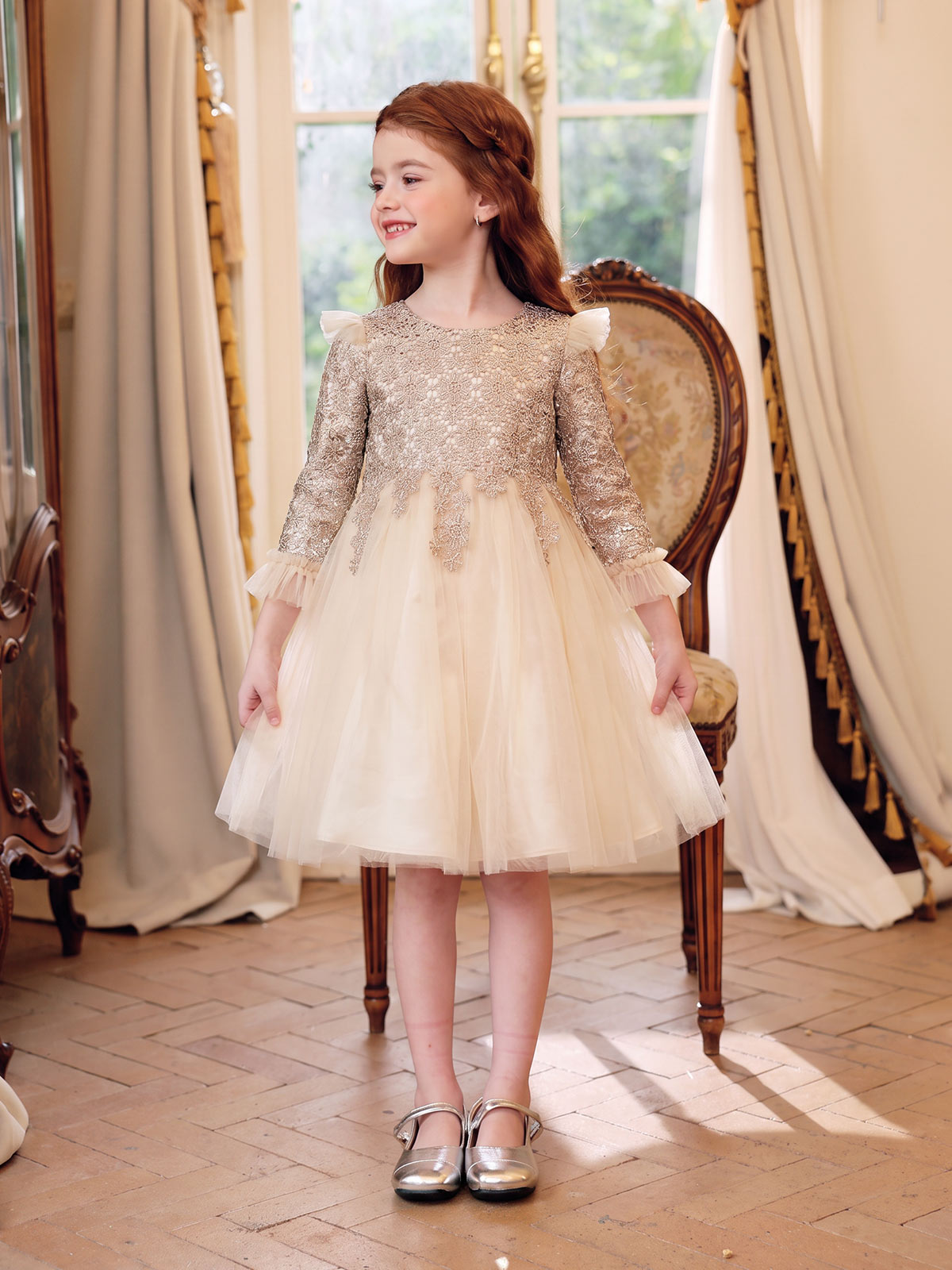 Side view of the Champagne Lace Tulle Dress