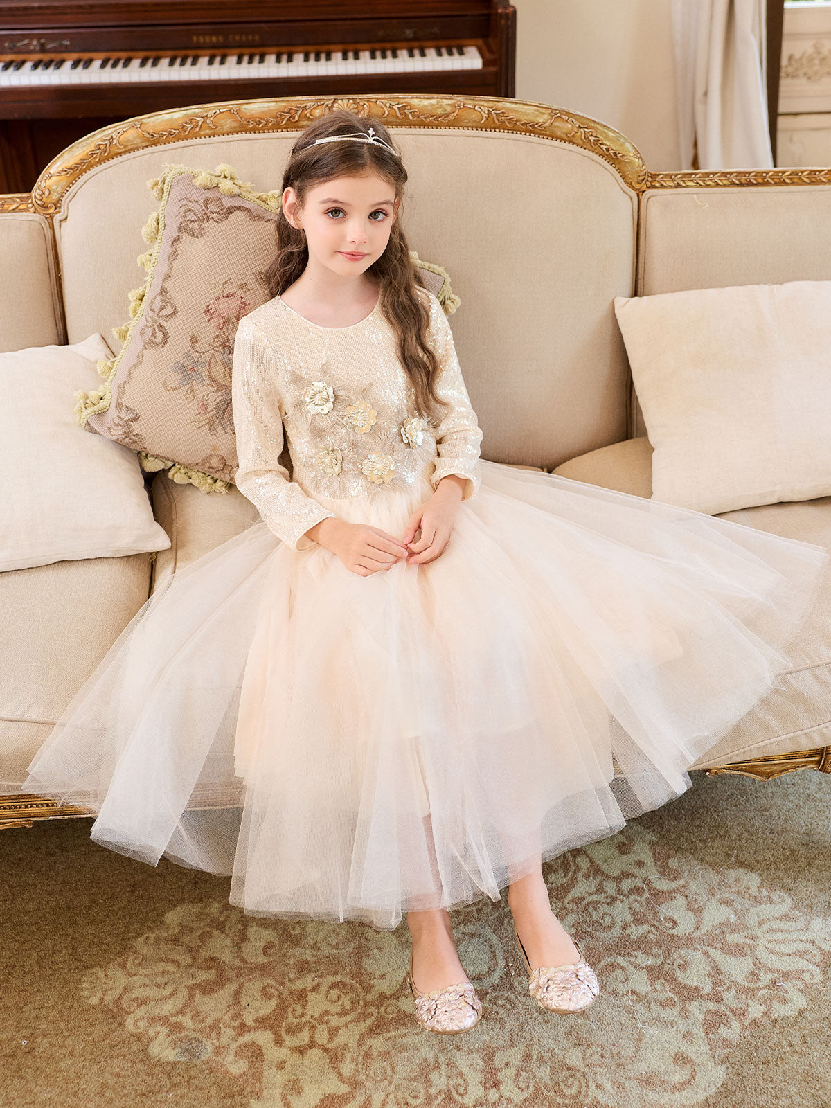 Movement view of the layered champagne tulle skirt