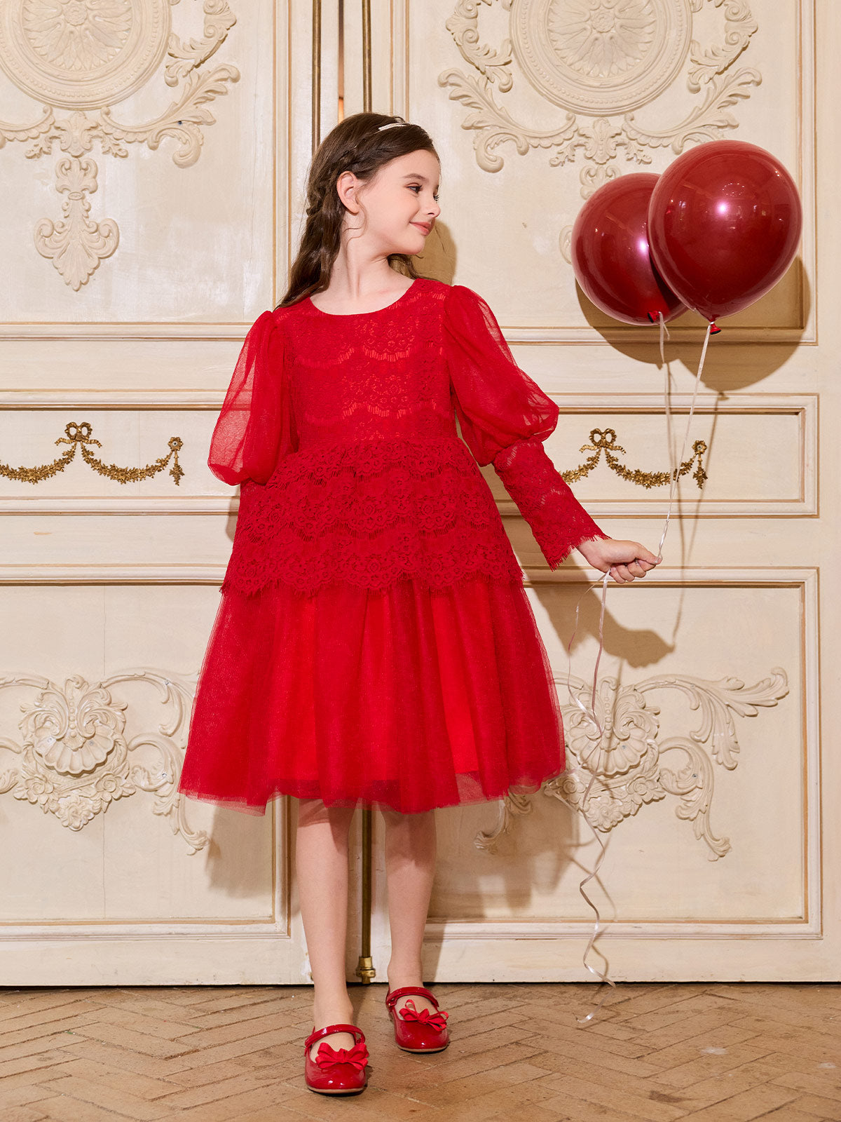 Occasion styling view of the Scarlet Lace Ruffle Tulle Dress