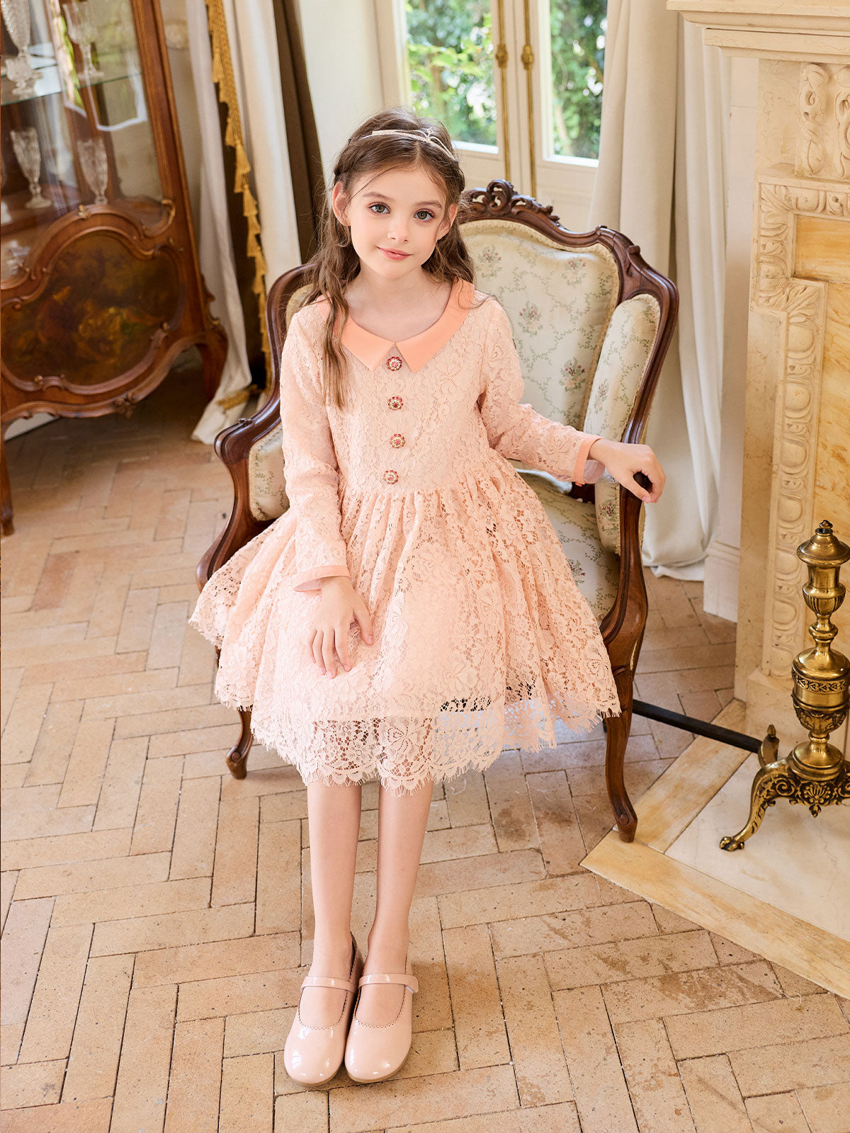 Movement view of the gathered peach lace skirt