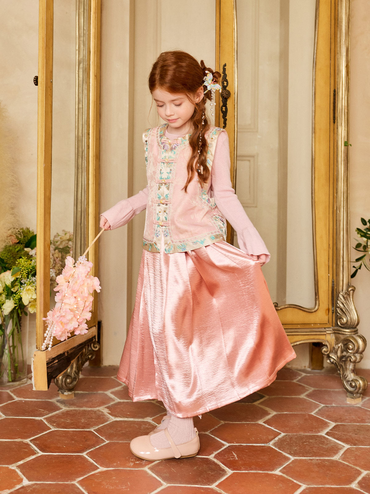 Side styling view of the Blush Bamboo Embroidered Three-Piece Set