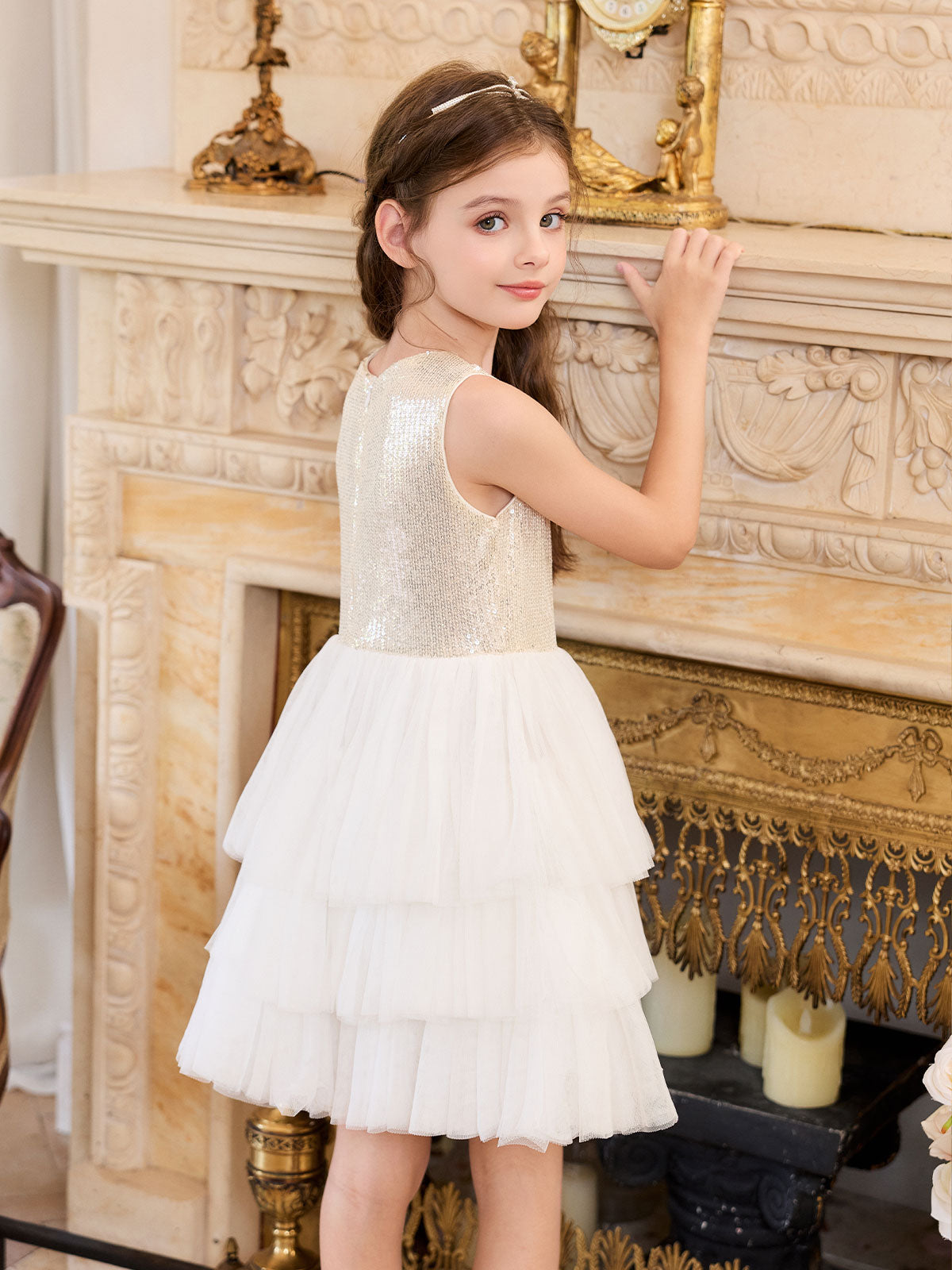 Occasion portrait featuring the Ivory Plaid Veil Tulle Dress Set