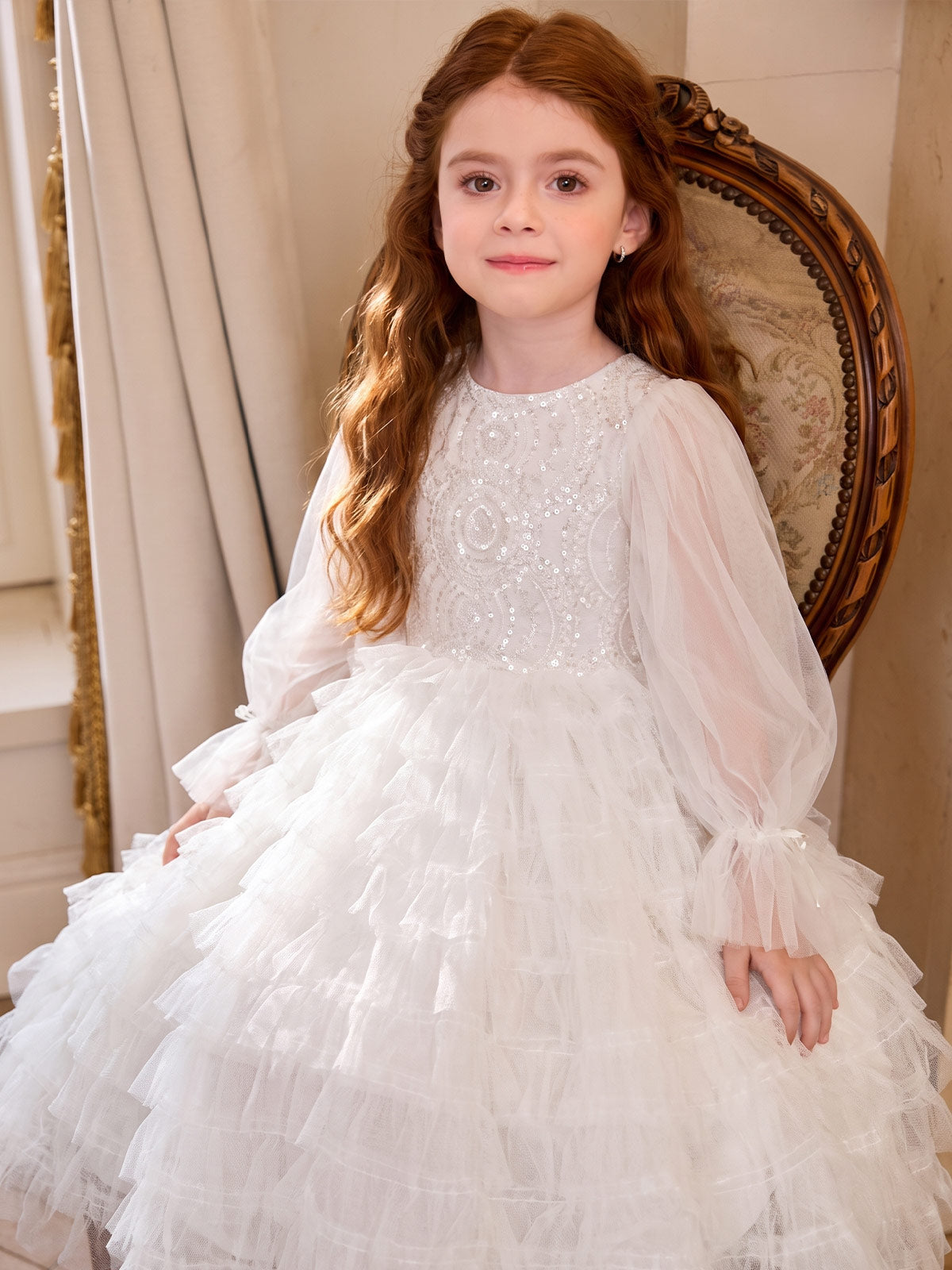 Close model view of the Sparkle Tiers sequin bodice and tiered skirt