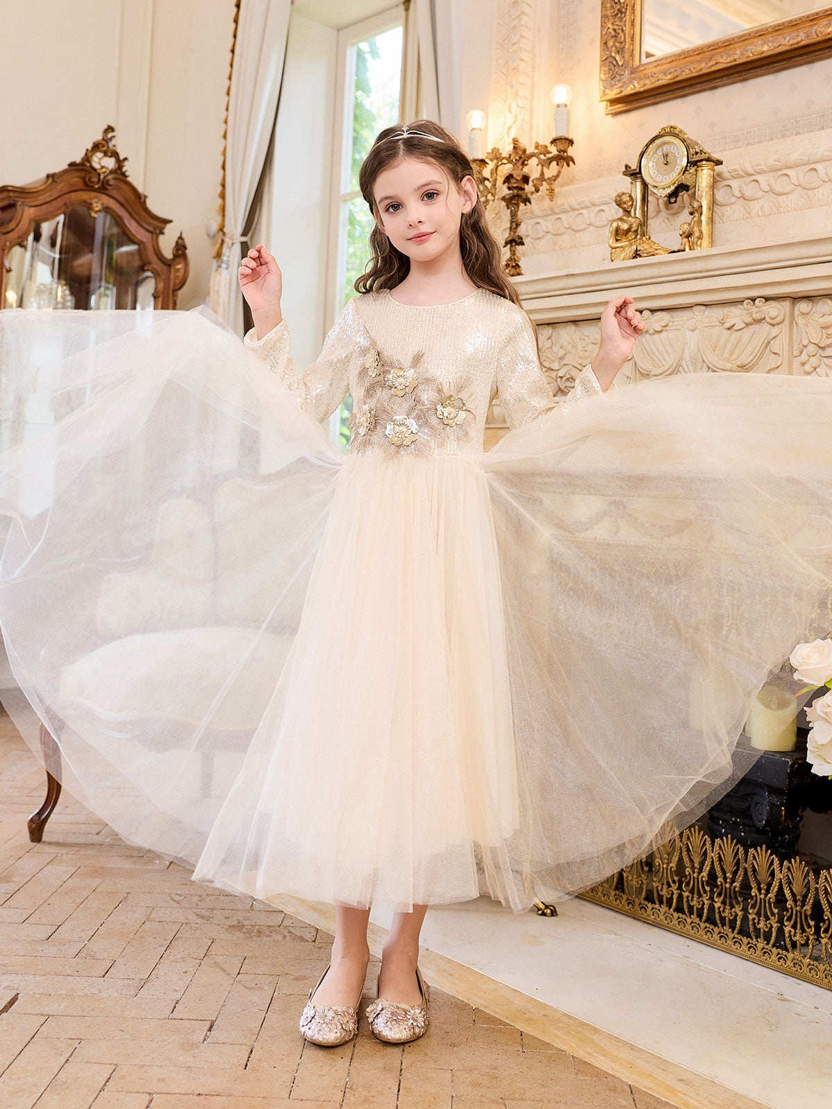 Occasion portrait featuring the Champagne Feather Bloom Tulle Dress