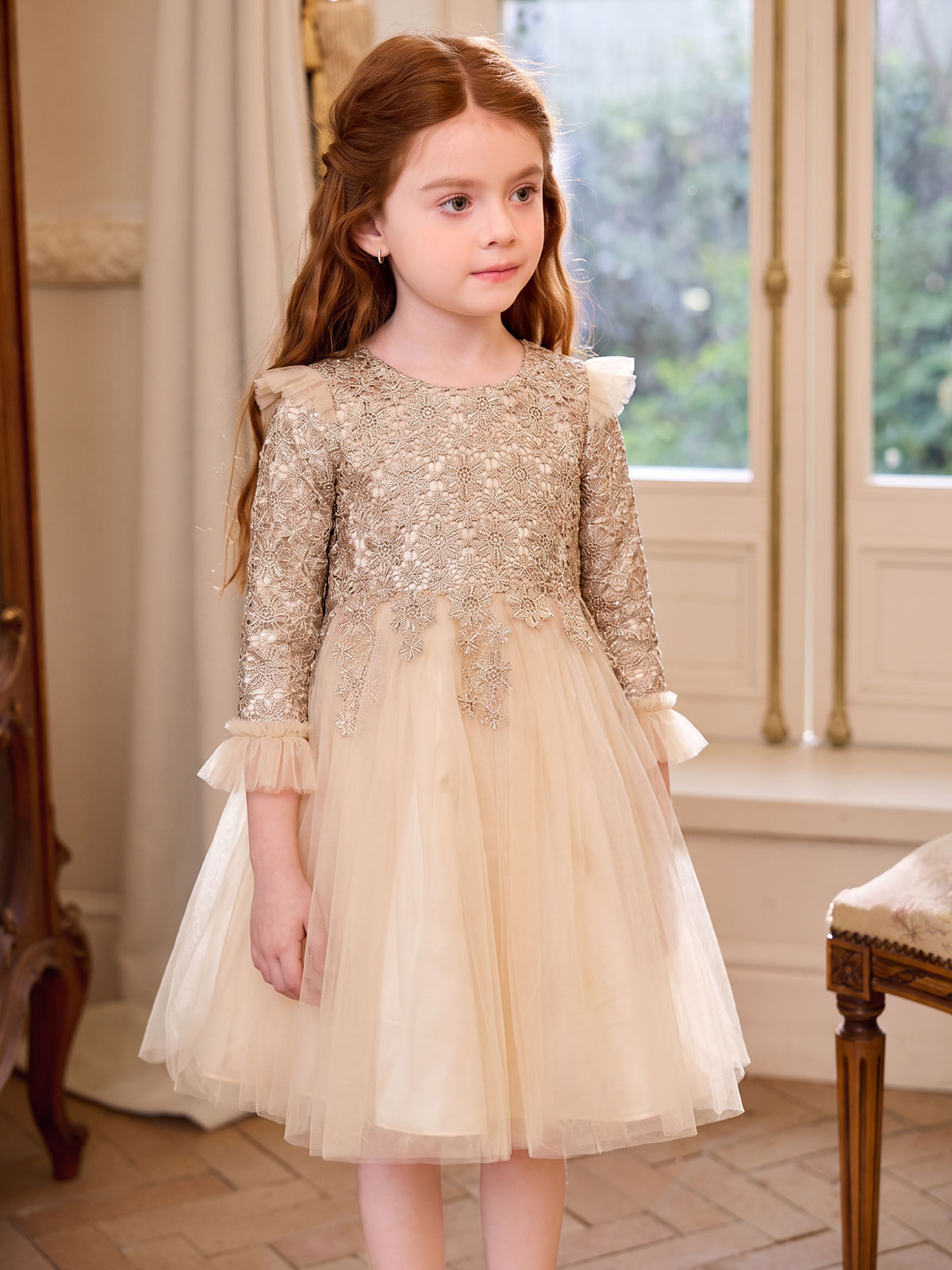 Close model view of the Champagne Lace Tulle Dress