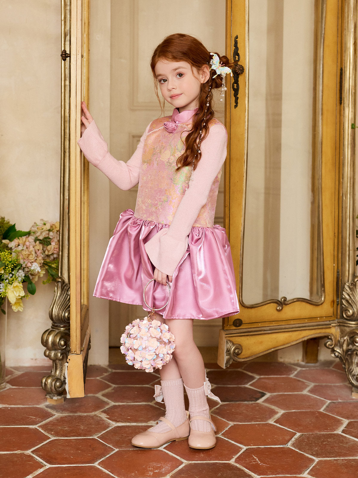 Side model view of the Lavender Peony Brocade Dress