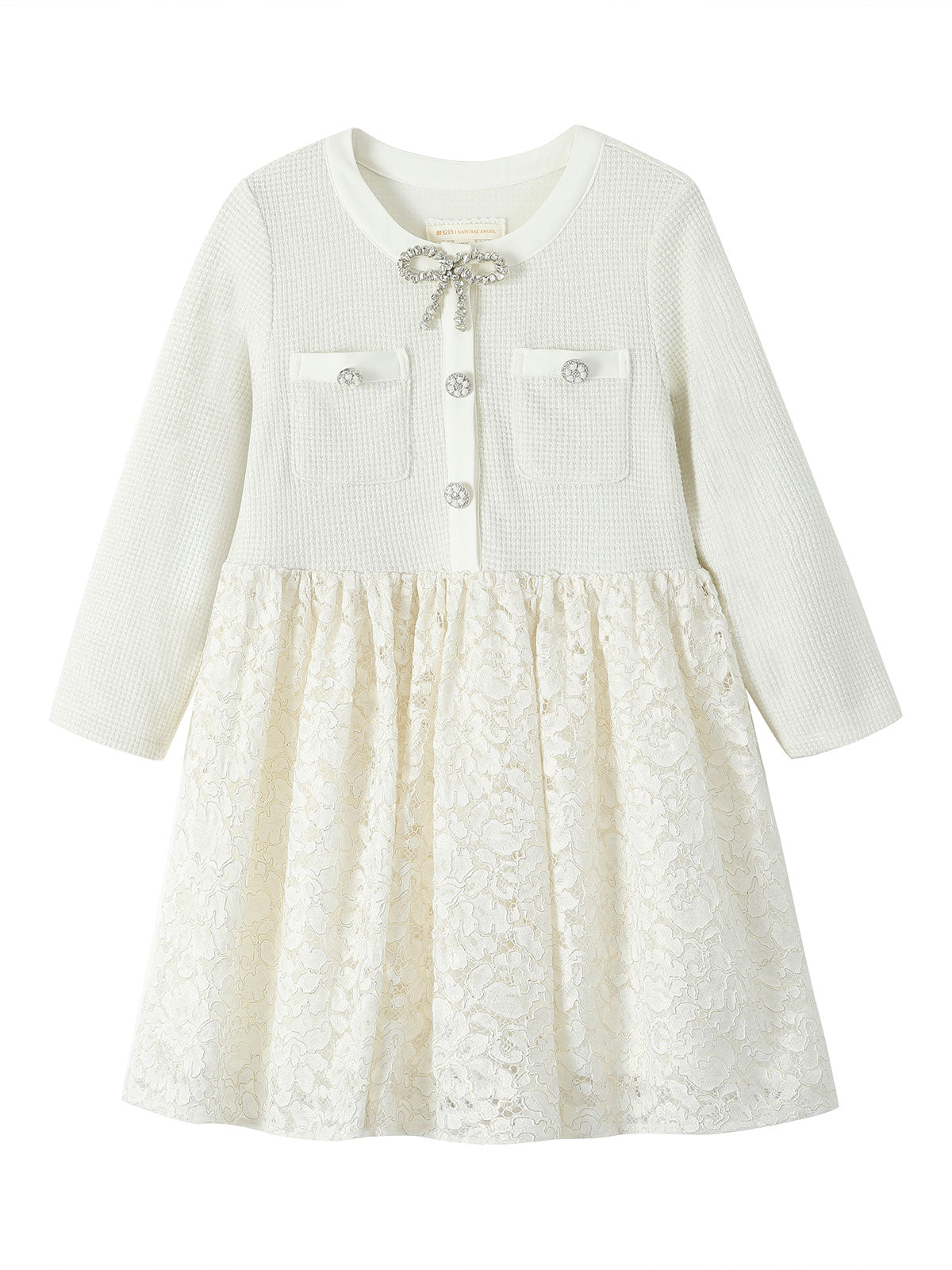 Front product view of the Ivory Honeycomb Pearl Lace Dress