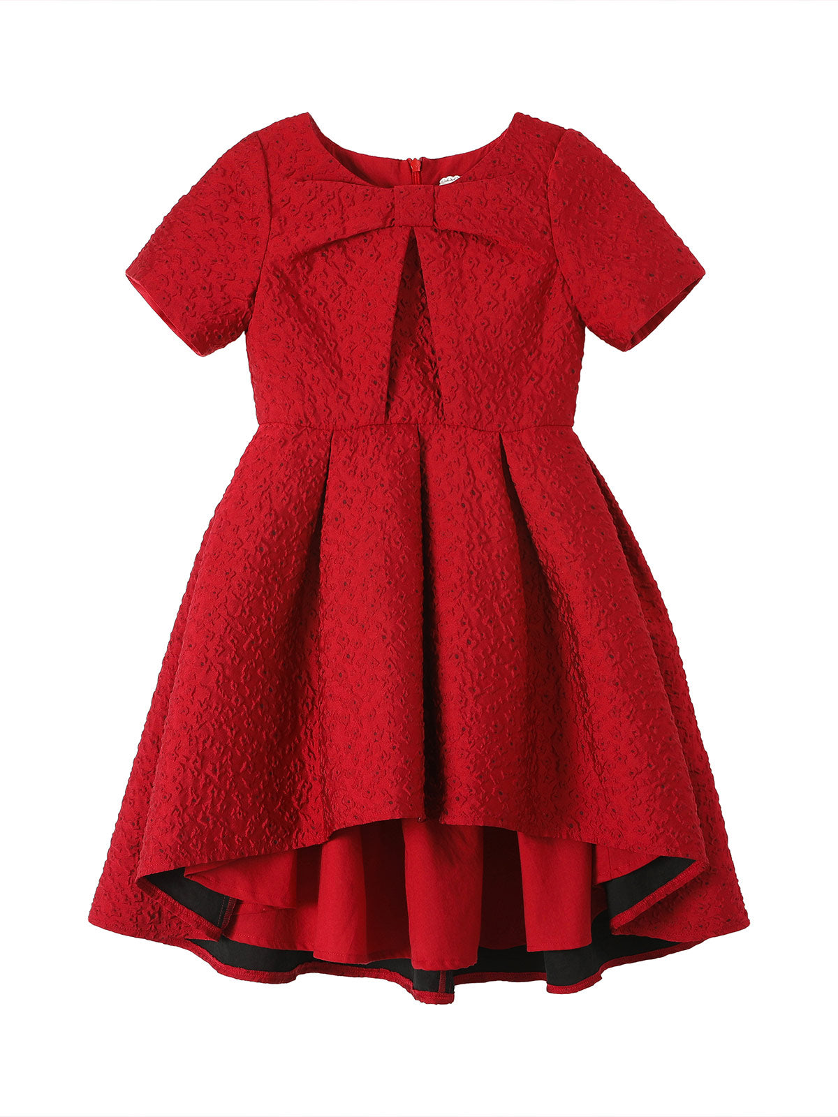 Front product view of the Scarlet Jacquard Bow High-Low Dress