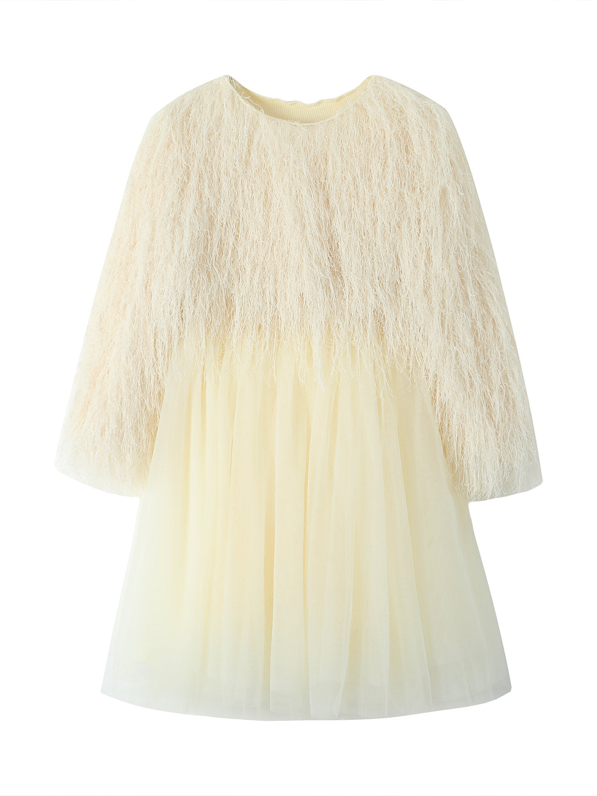 Front product styling view of the cream tulle dress and textured cream outer layer