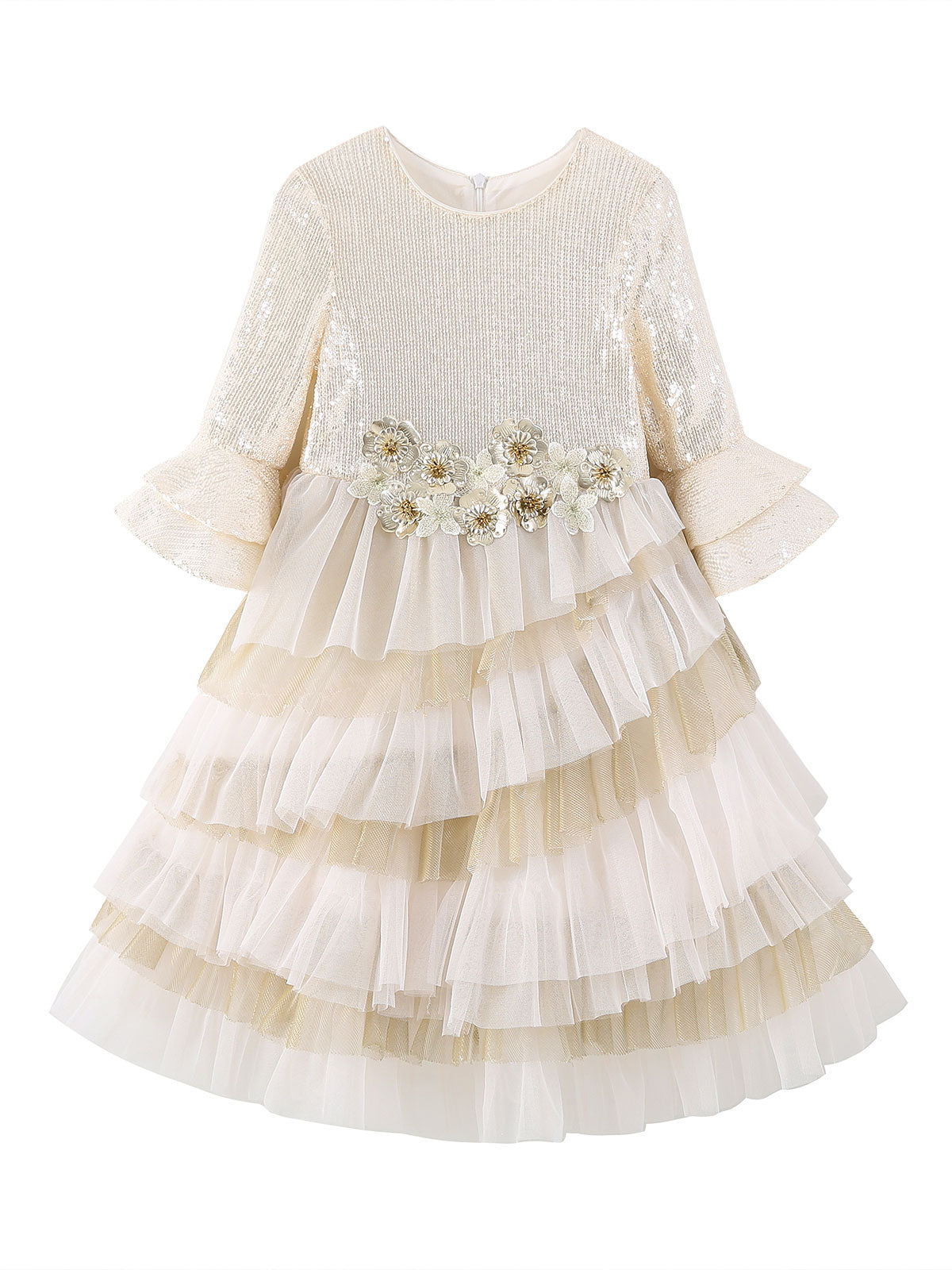 Front product view of the Champagne Sparkle Floral Tier Dress