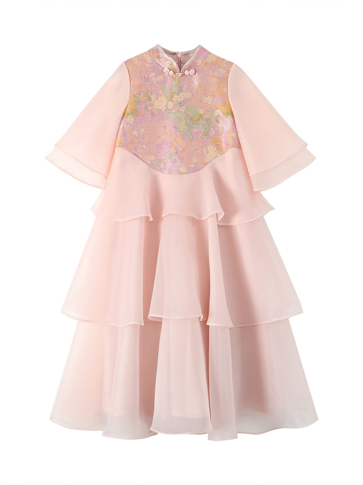Front product view showing bell sleeves and three organza tiers