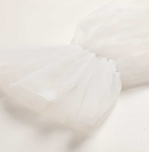 Sheer tulle balloon sleeve and gathered ruffle cuff detail
