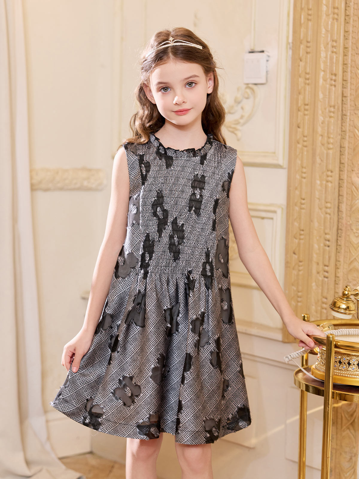 Noir Blossom Smocked Plaid Dress