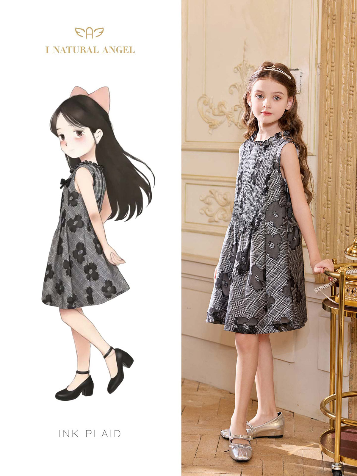 Noir Blossom Smocked Plaid Dress
