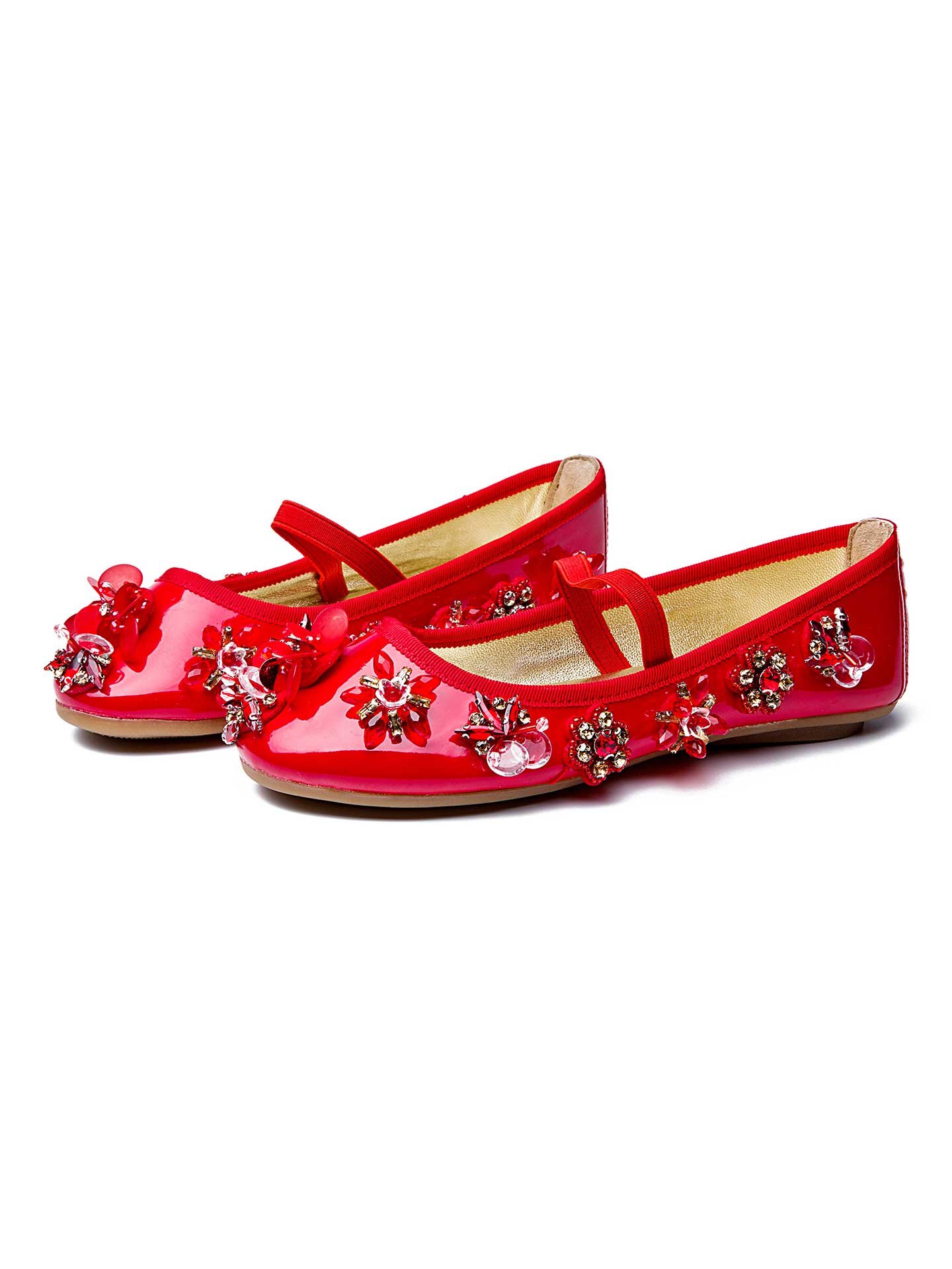 Girls' Red Leather Mary Janes with Hand-Stitched Gems