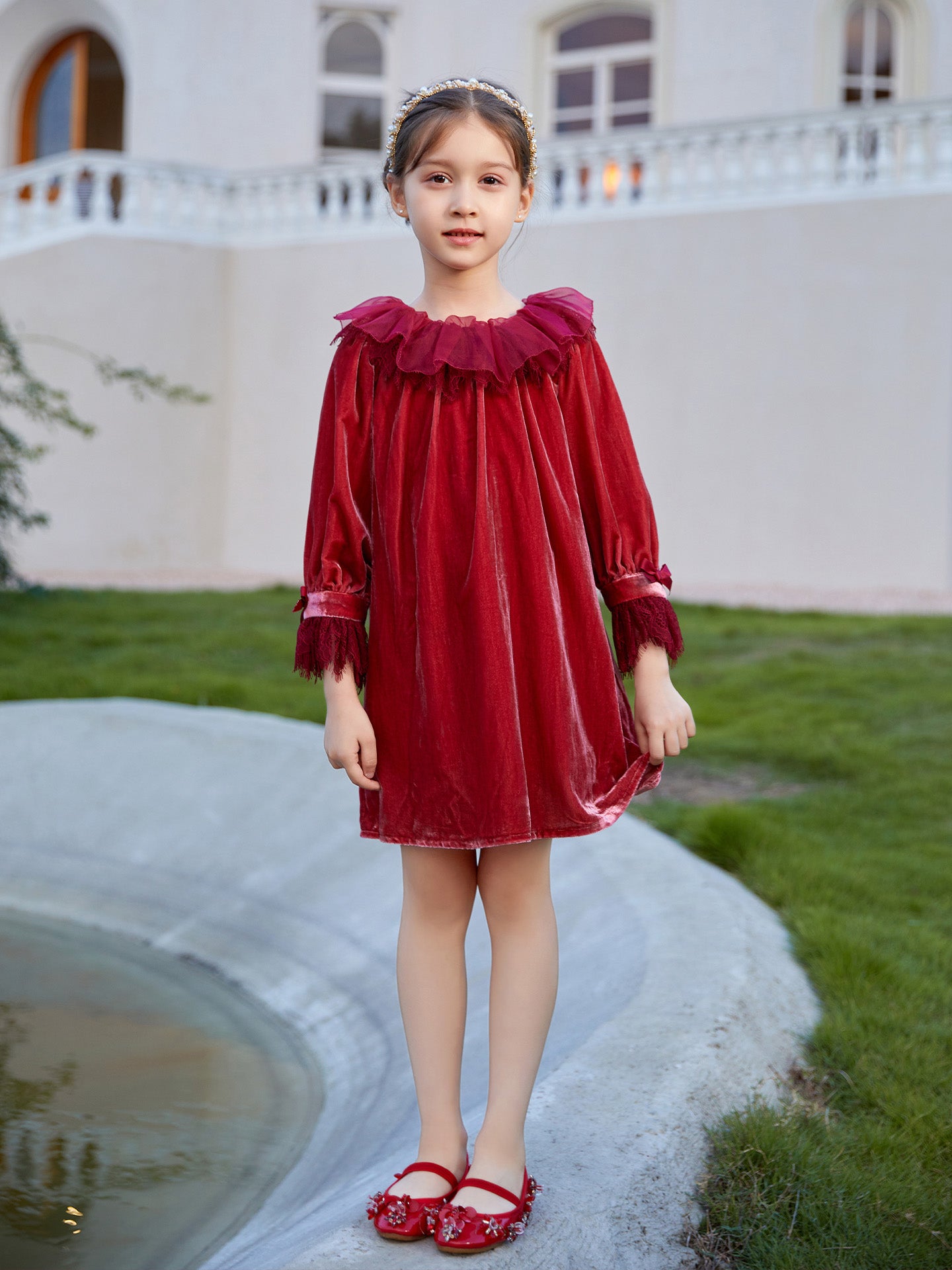 Girls' Red Leather Mary Janes with Hand-Stitched Gems