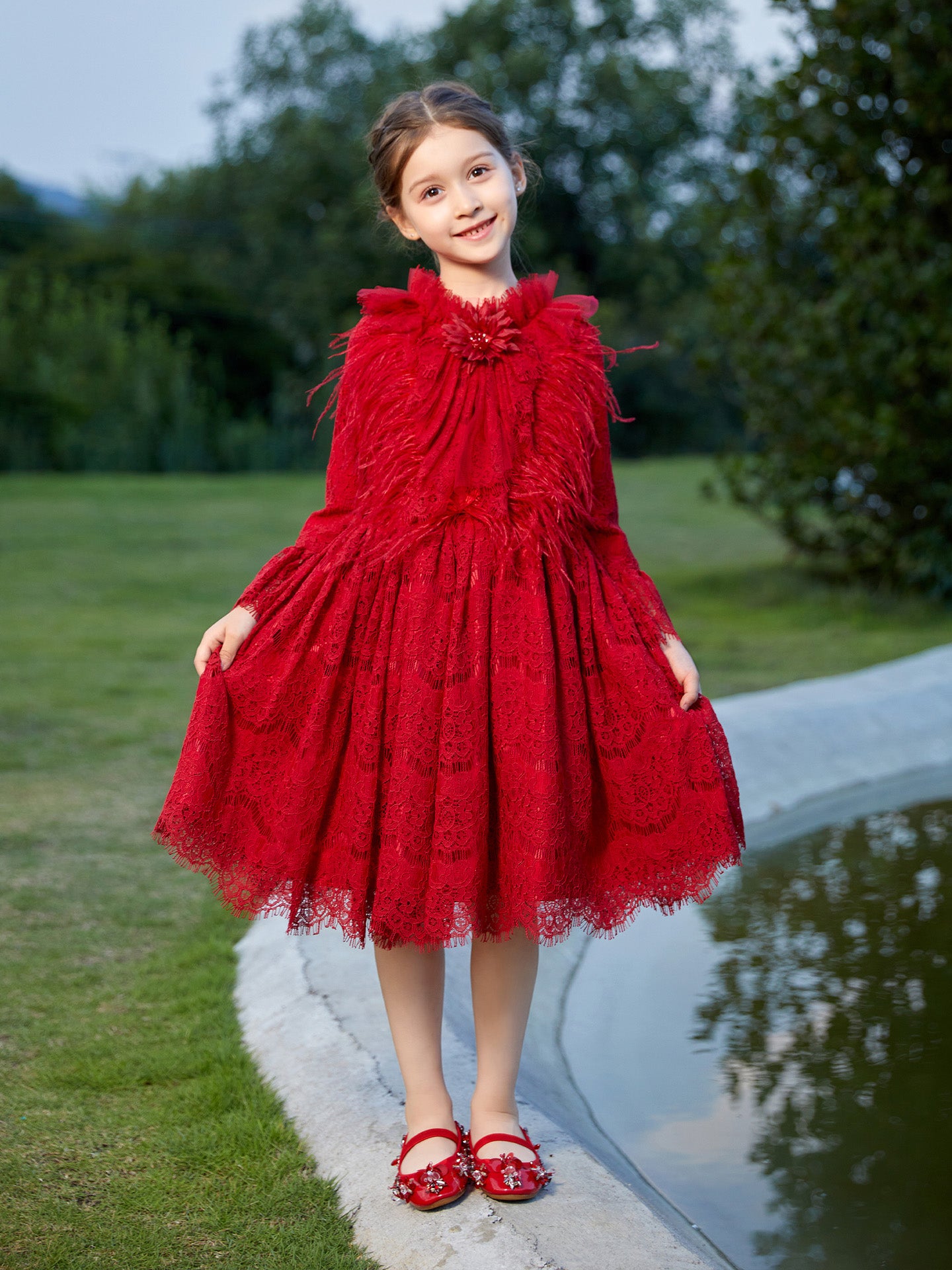 Girls' Red Leather Mary Janes with Hand-Stitched Gems