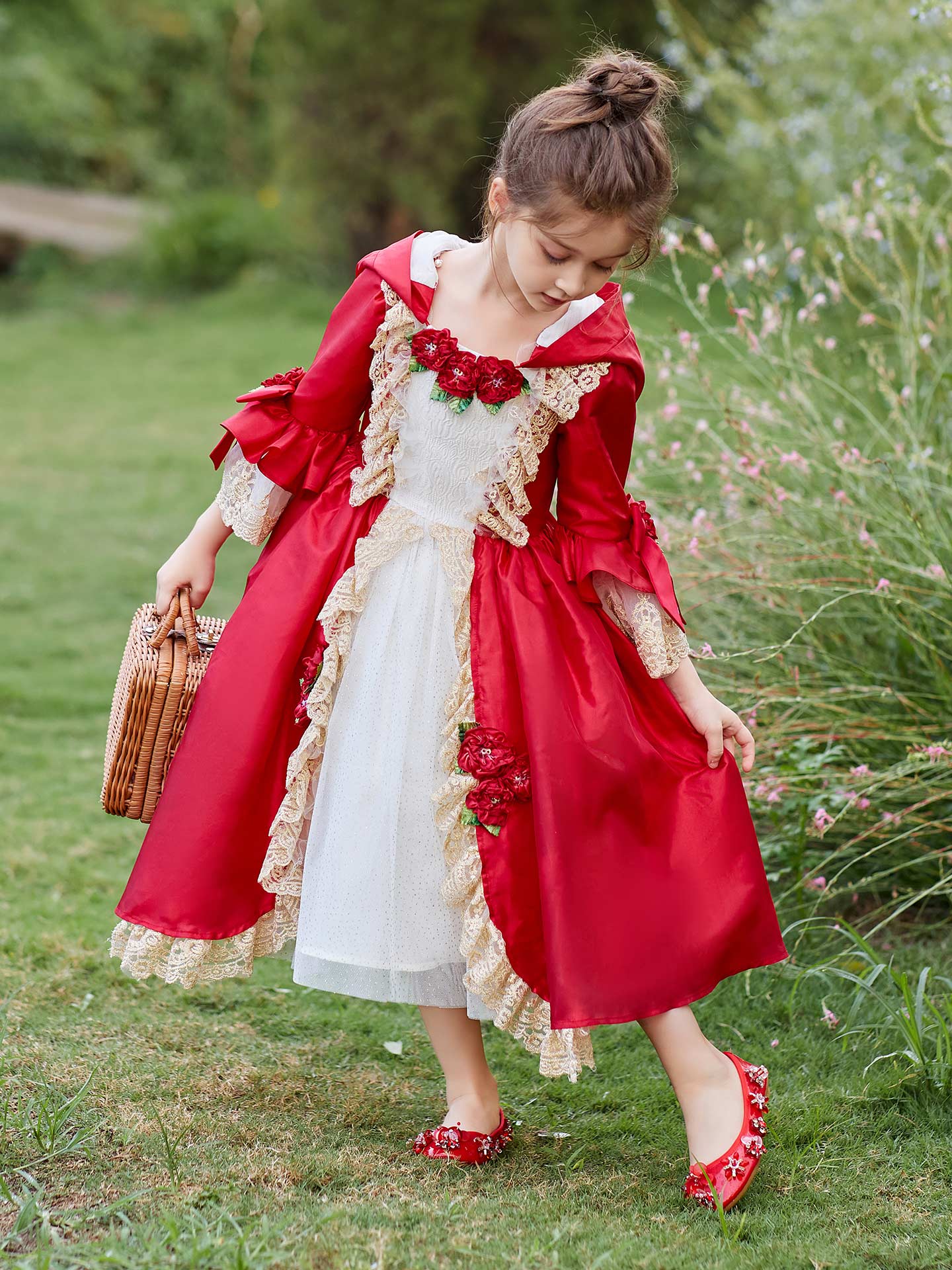Girls' Red Leather Mary Janes with Hand-Stitched Gems