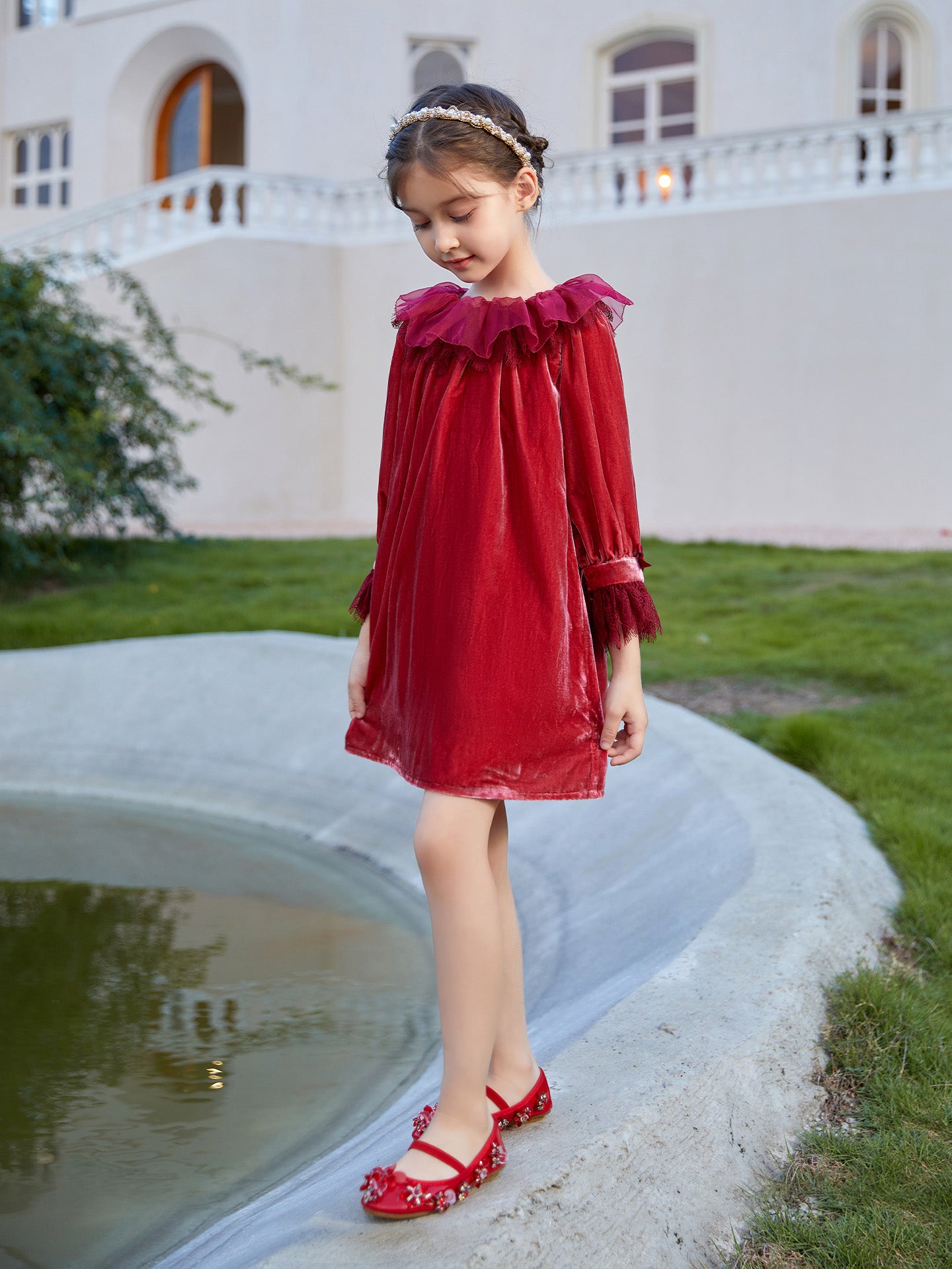 Girls' Red Leather Mary Janes with Hand-Stitched Gems