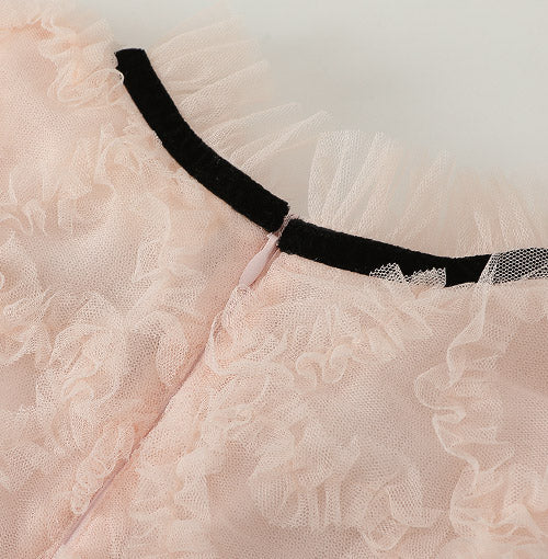 Ruffled Cuffs and Hem detail on the Blush Velvet Bow Tulle Dress