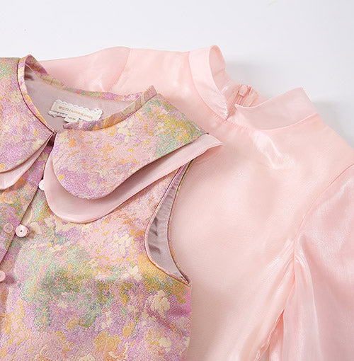 Two-piece brocade vest and blush dress construction