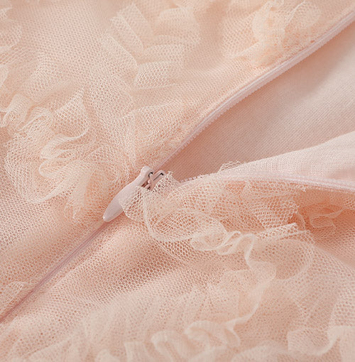 Interior finish and closure detail of the Blush Velvet Bow Tulle Dress