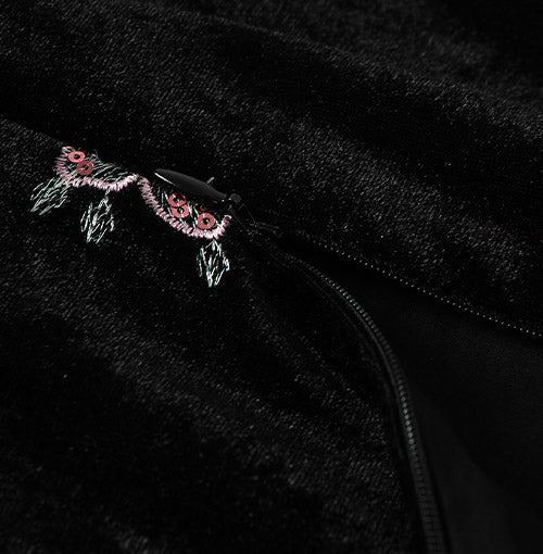 Concealed back zipper on black velvet