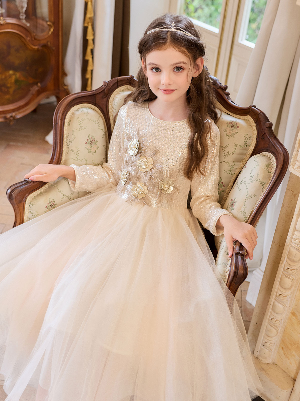 Girl wearing the Champagne Feather Bloom Tulle Dress
