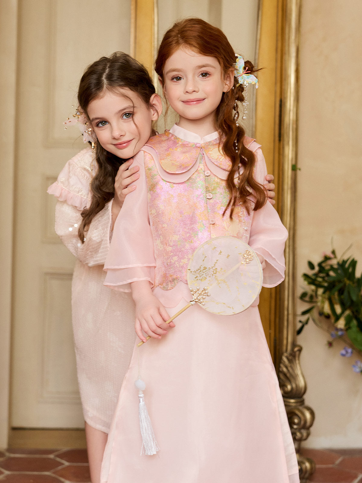 Girl wearing the Blush Blossom Brocade Vest Set