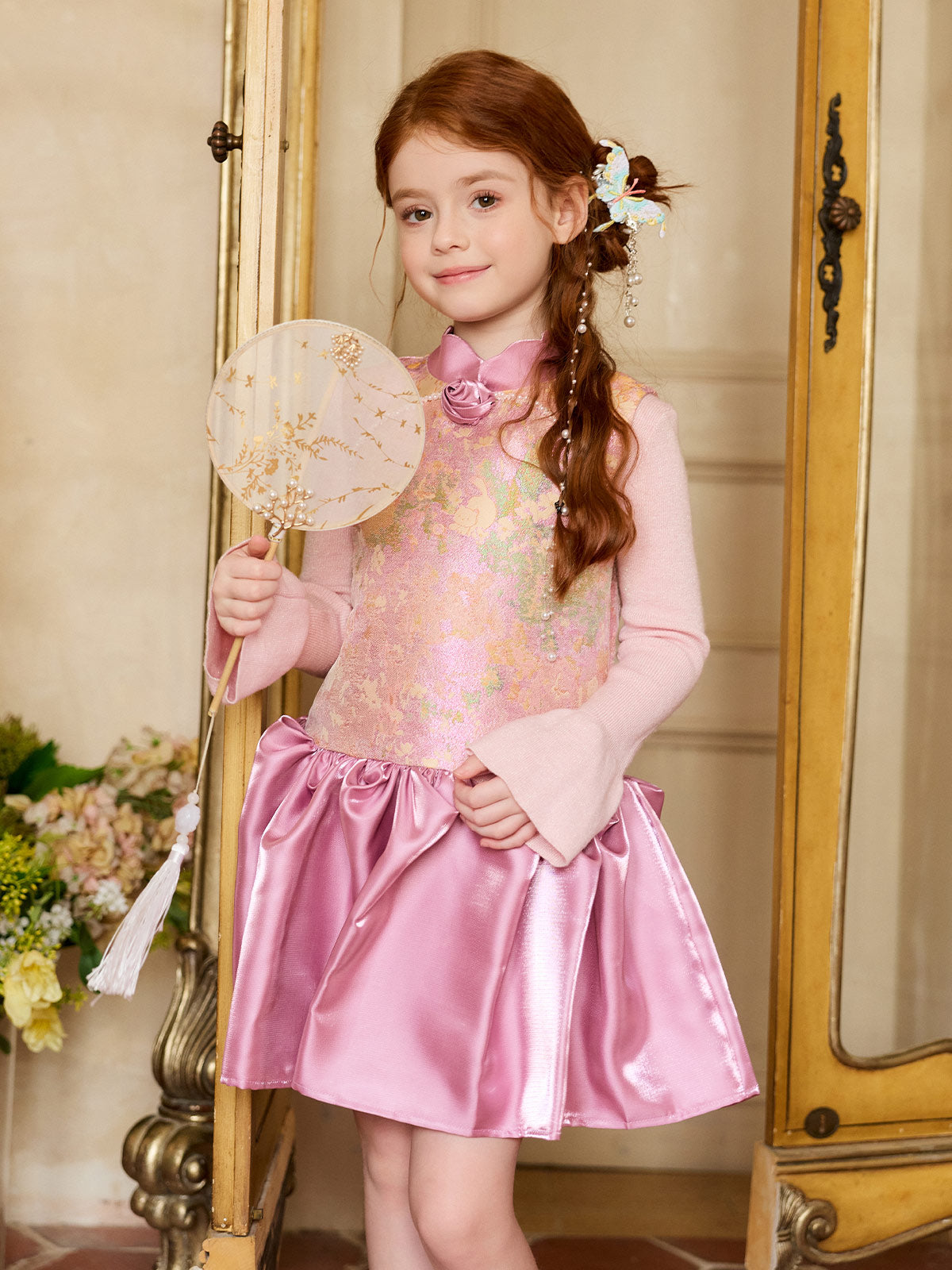 Girl wearing the Lavender Peony Brocade Dress