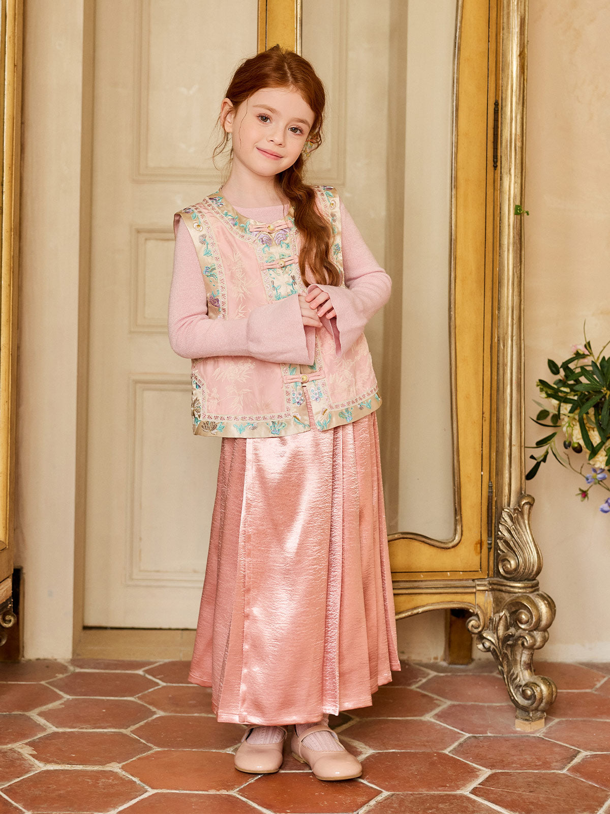 Girl wearing the Blush Bamboo Embroidered Three-Piece Set
