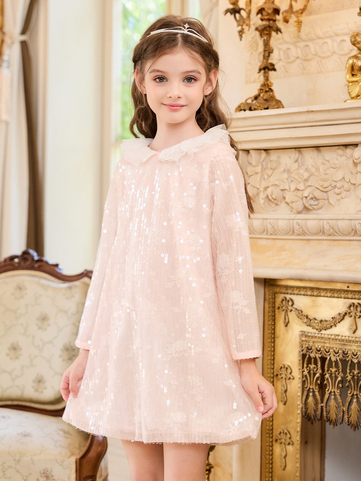 Girl wearing the Blush Lace Glow Shift Dress