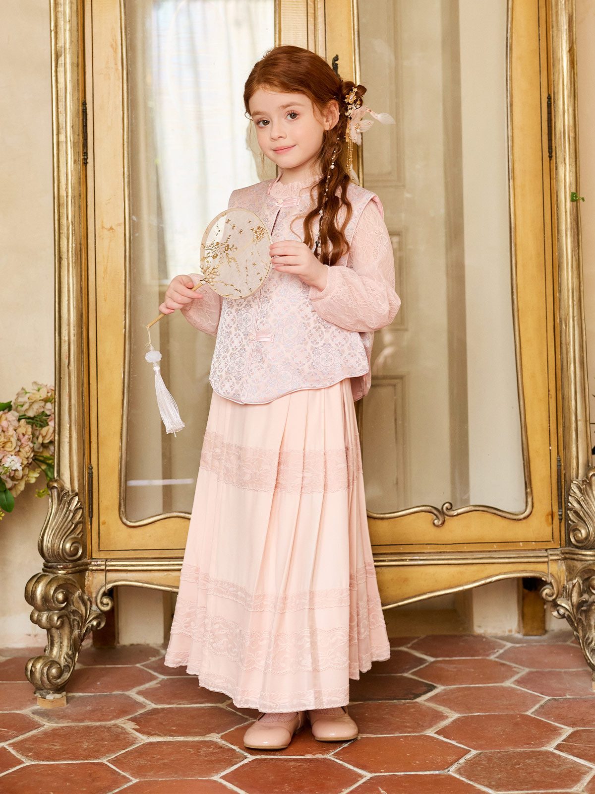 Girl wearing the Blush Brocade Lace Three-Piece Set