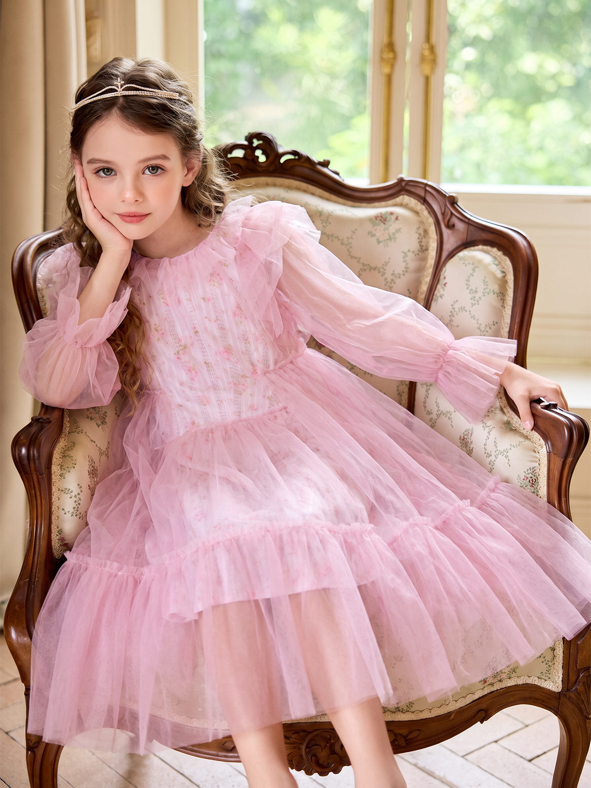 Girl wearing the Blush Garden Tulle Dress