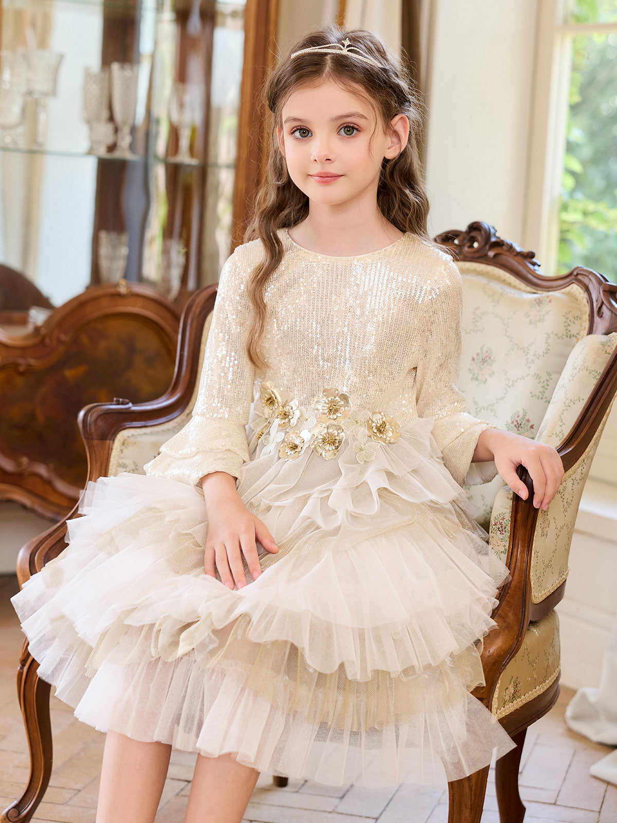 Girl wearing the Champagne Sparkle Floral Tier Dress