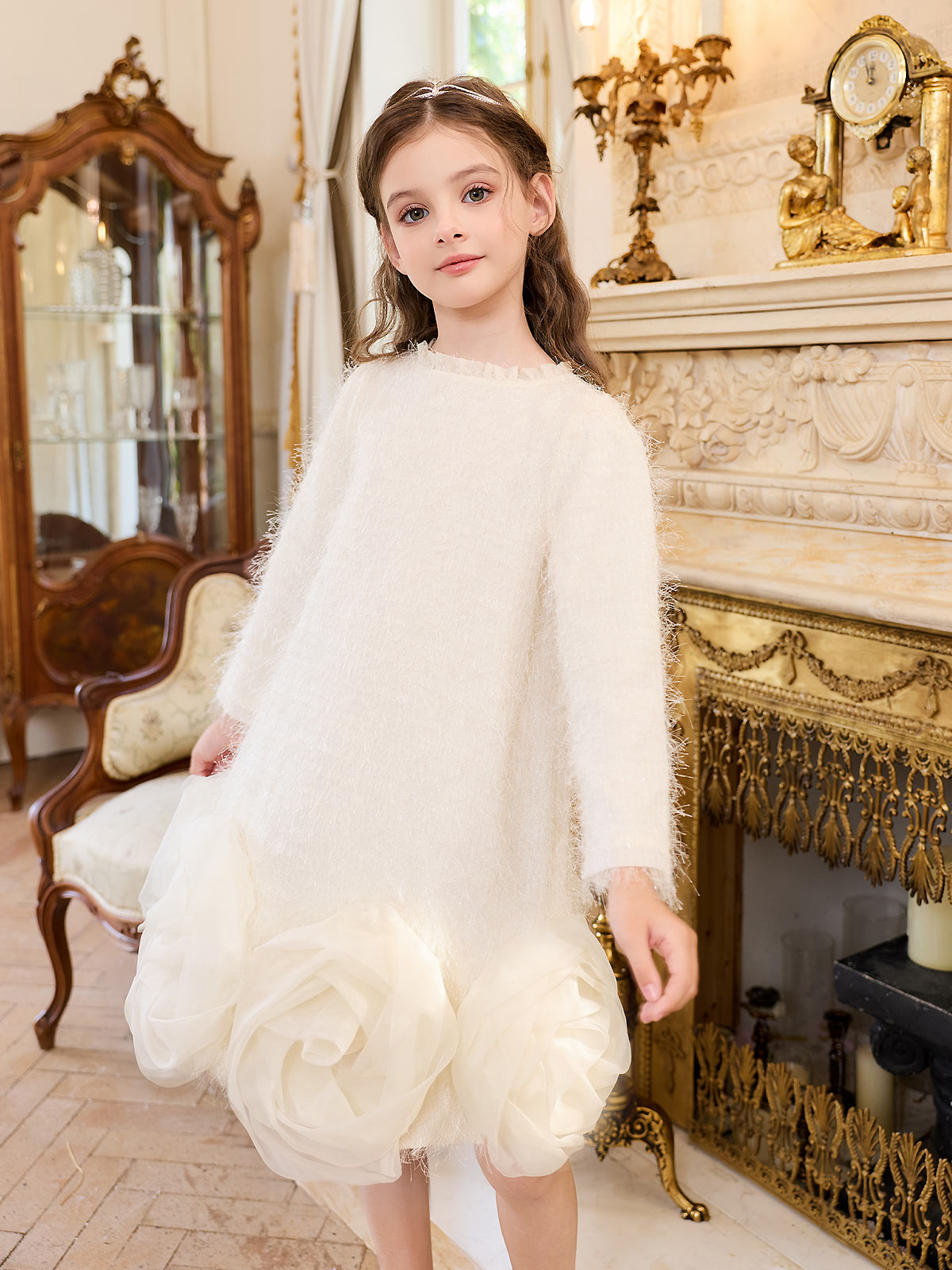Girl wearing the Ivory Plush Bloom Dress
