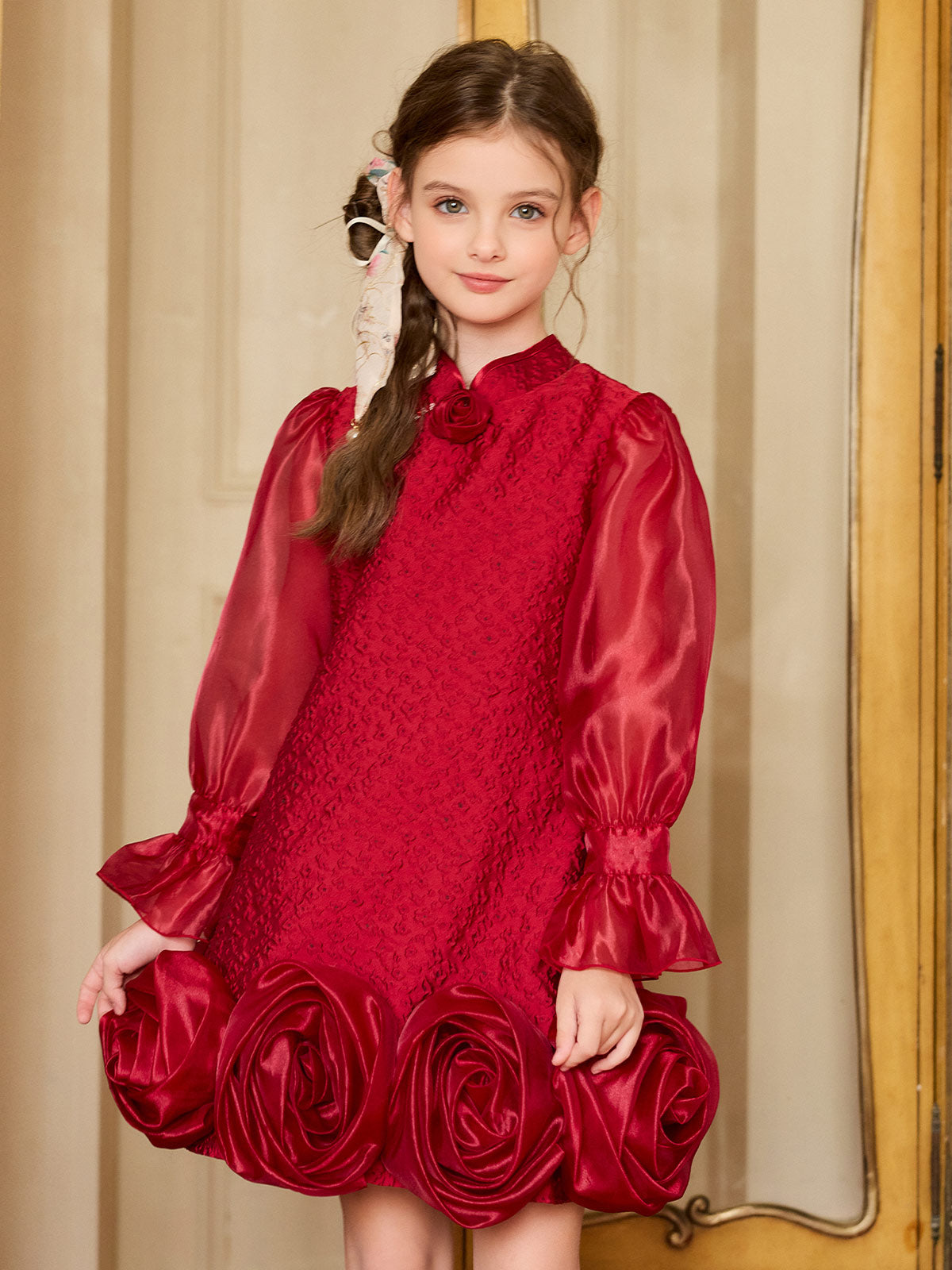 Girl wearing the Scarlet Rose Jacquard Dress