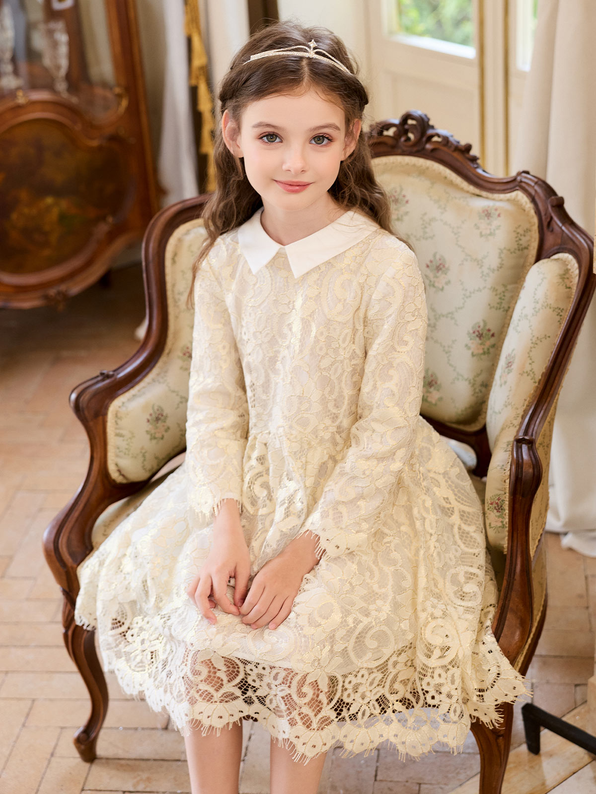 Full-length model view of the Ivory Gilt Lace Collar Dress