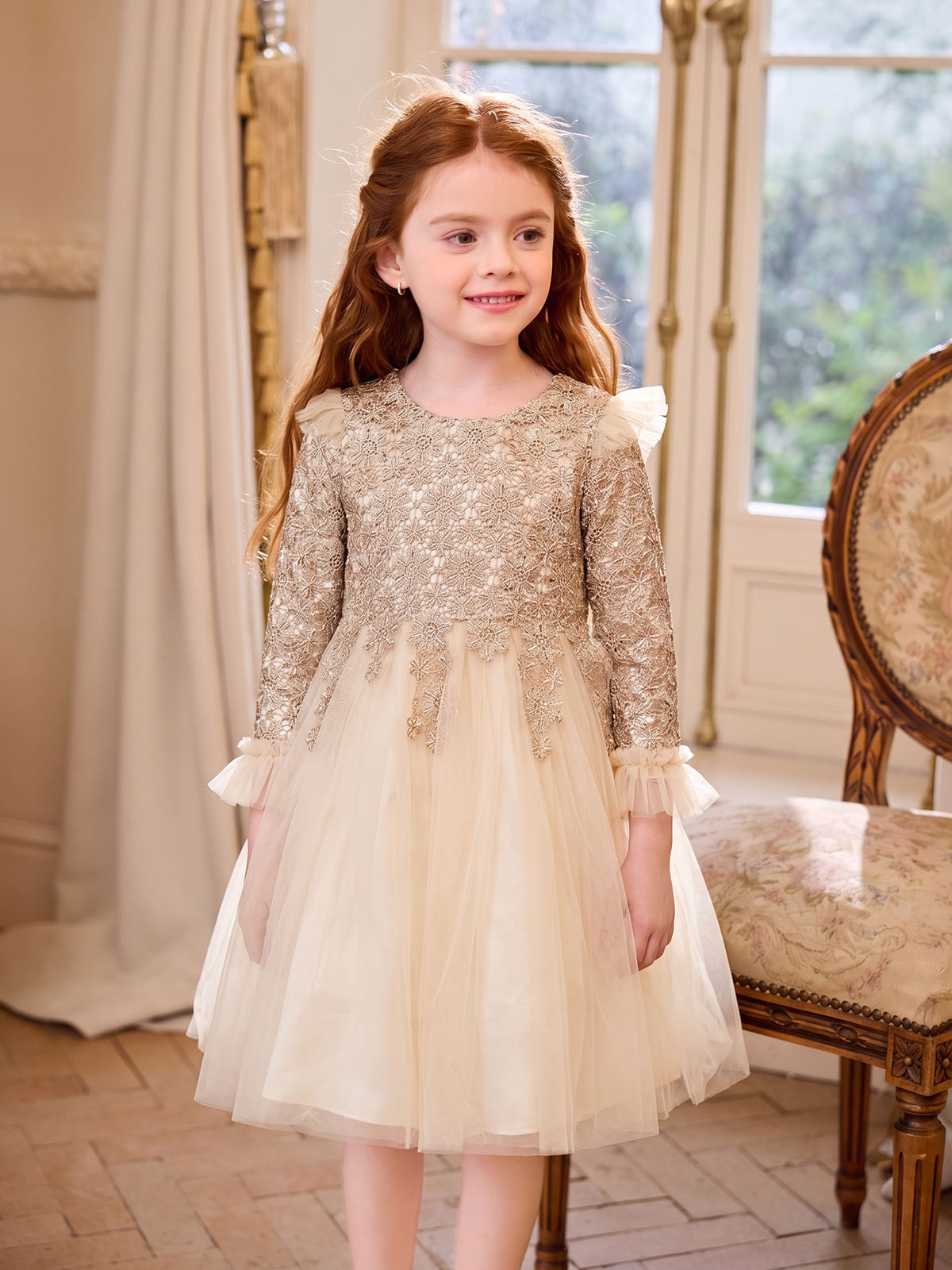 Full-length model view of the Champagne Lace Tulle Dress